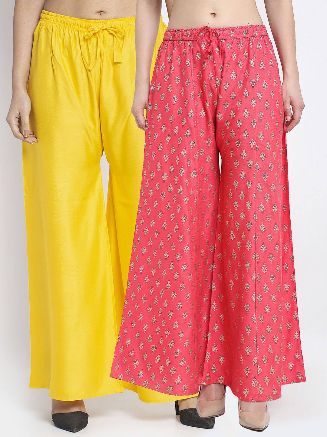 

Jinfo Women Pack of 2 Yellow & Pink Printed Flared Knitted Ethnic Palazzos