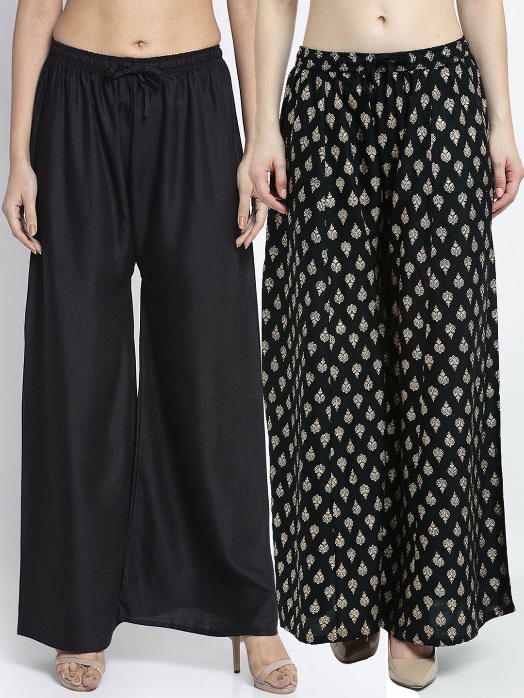 

Jinfo Women Pack of 2 Ethnic Motifs Printed Flared Ethnic Palazzos, Black