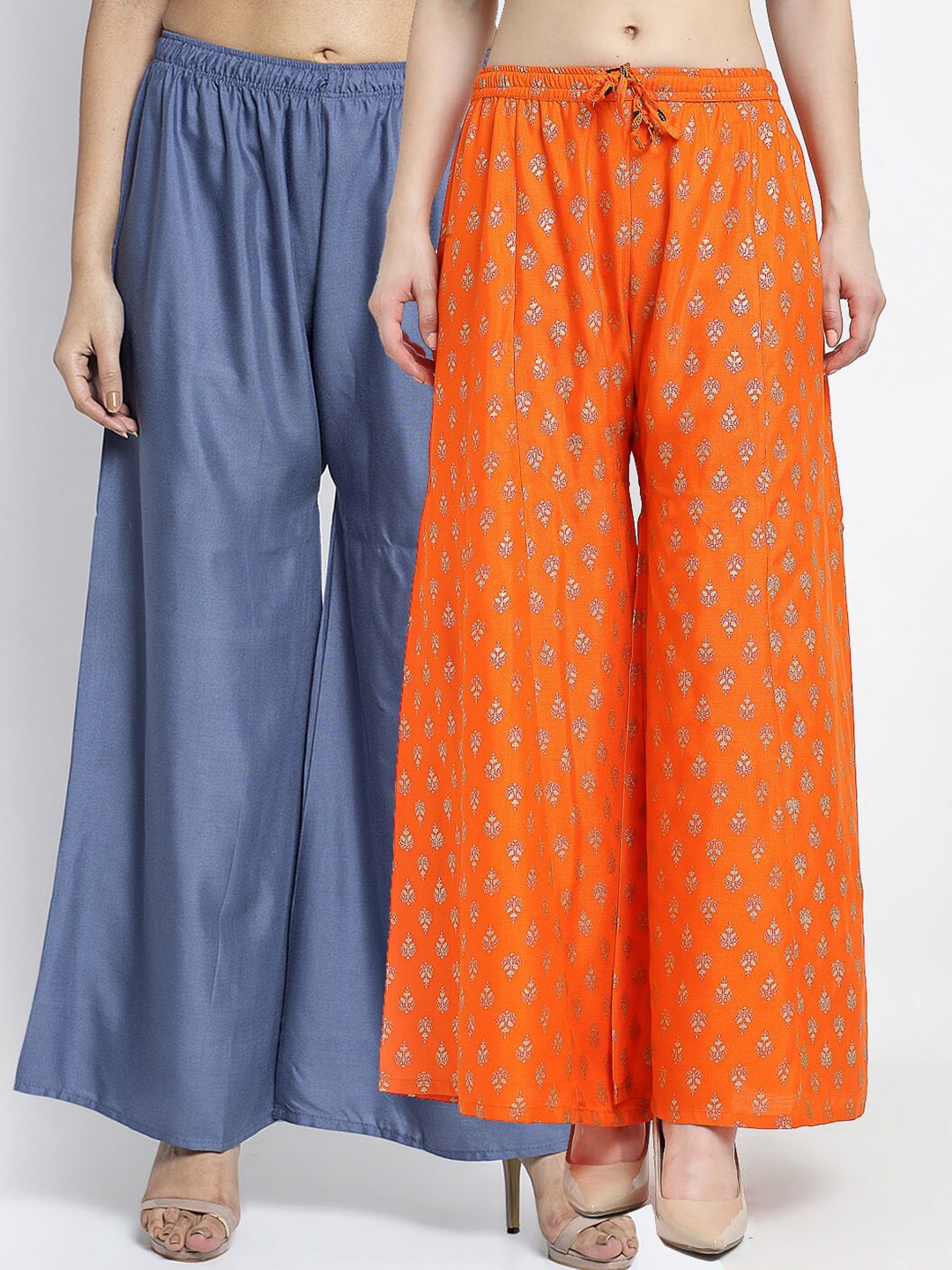 

Jinfo Women Pack Of 2 Grey & Orange Printed Knitted Ethnic Palazzos