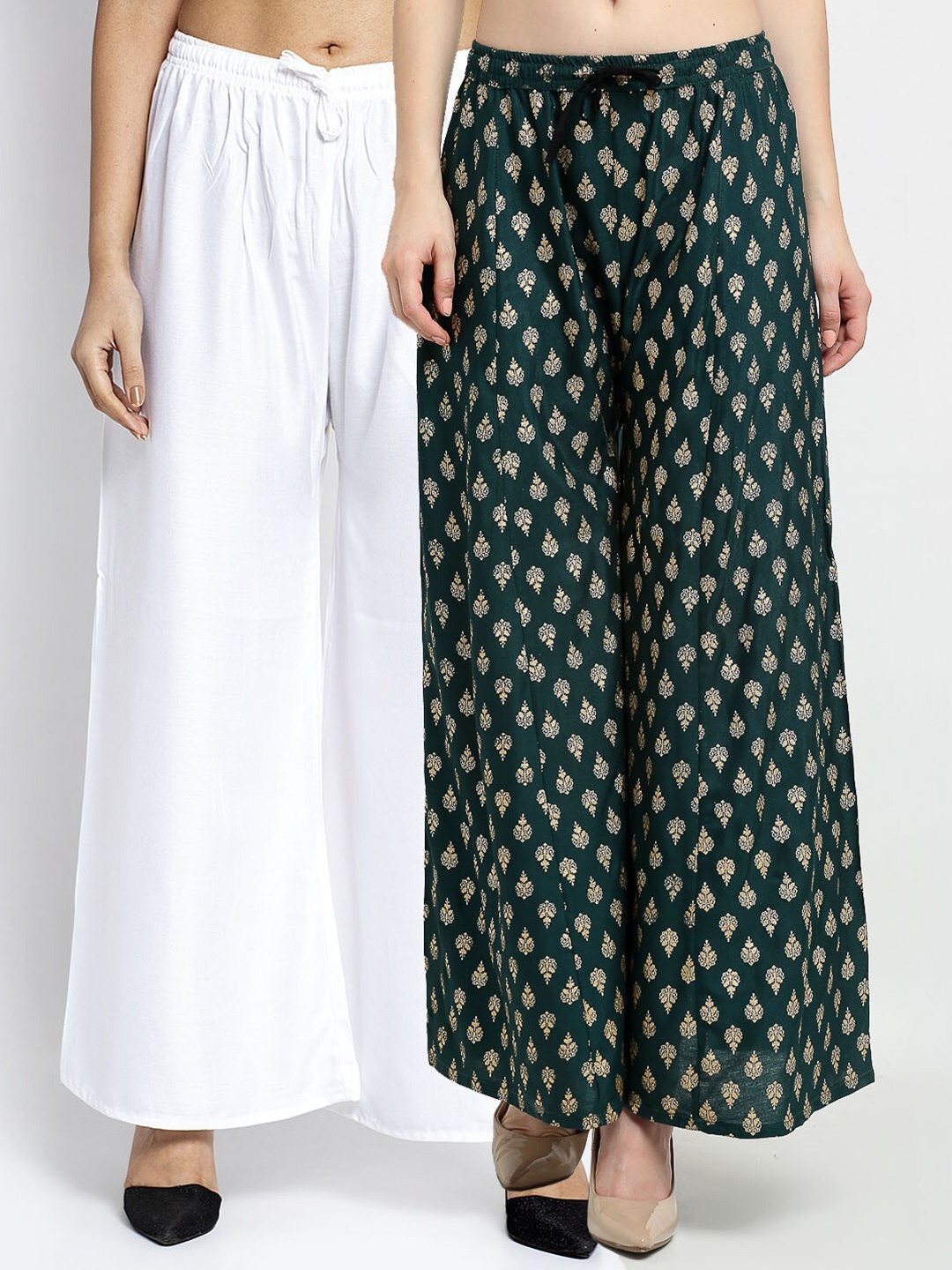 

Jinfo Women White & Green 2 Flared Ethnic Palazzos
