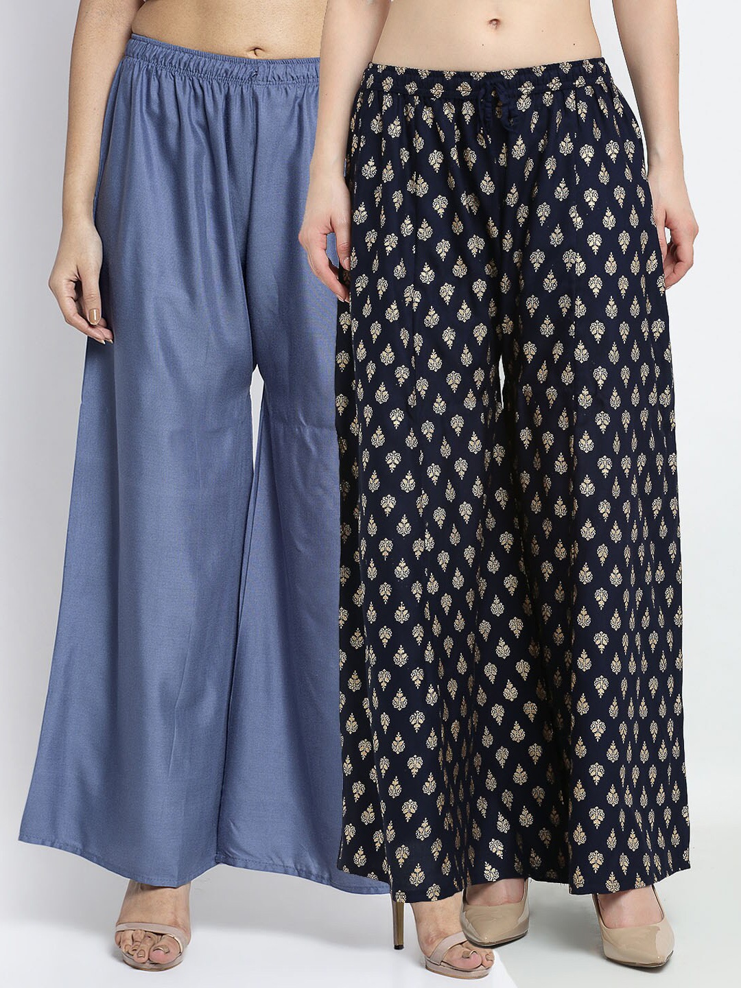 

Jinfo Women Set of 2 Grey & Navy Blue Printed Flared Knitted Ethnic Palazzos
