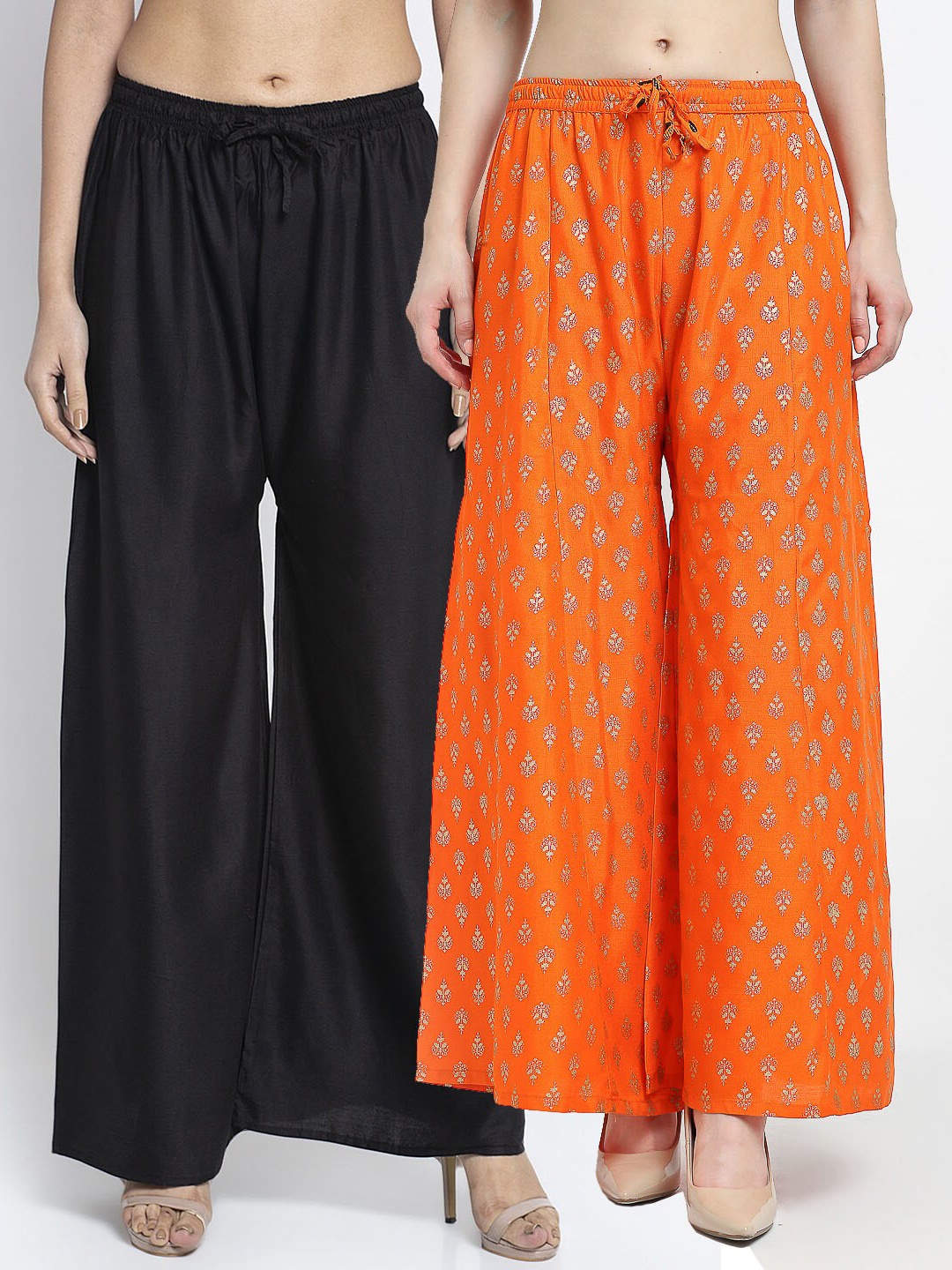 

Jinfo Women Pack of 2 Black & Orange Ethnic Motifs Printed Flared Ethnic Palazzos