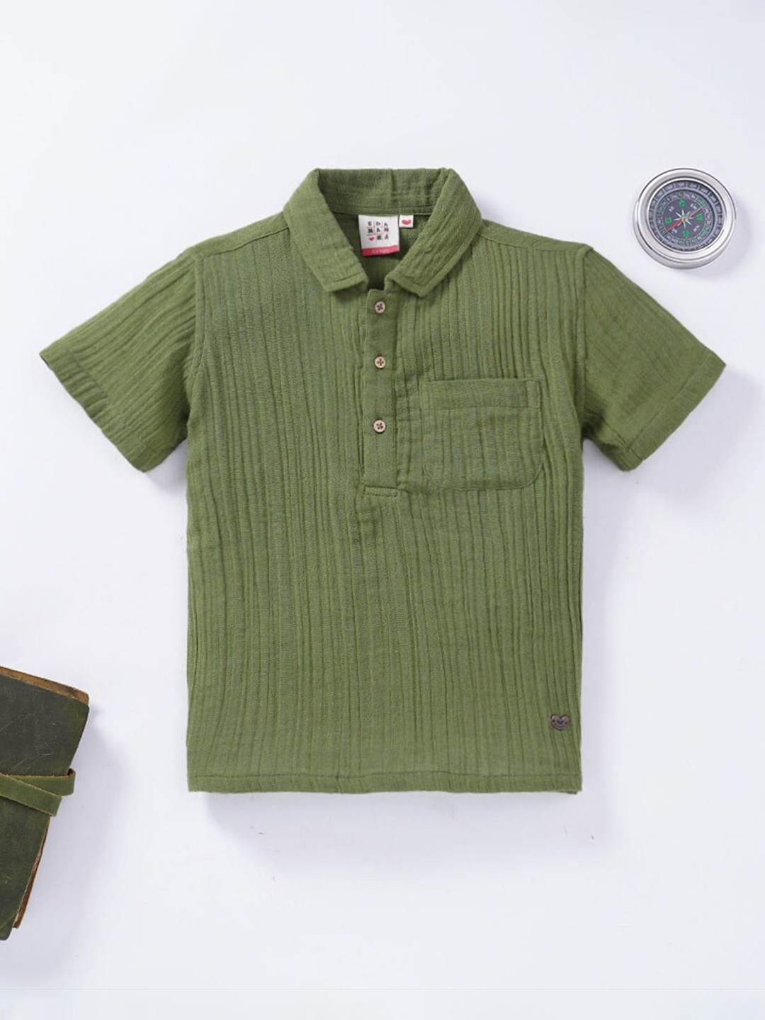 

Ed-a-Mamma Boys Olive Green Premium Striped Cotton Casual Shirt