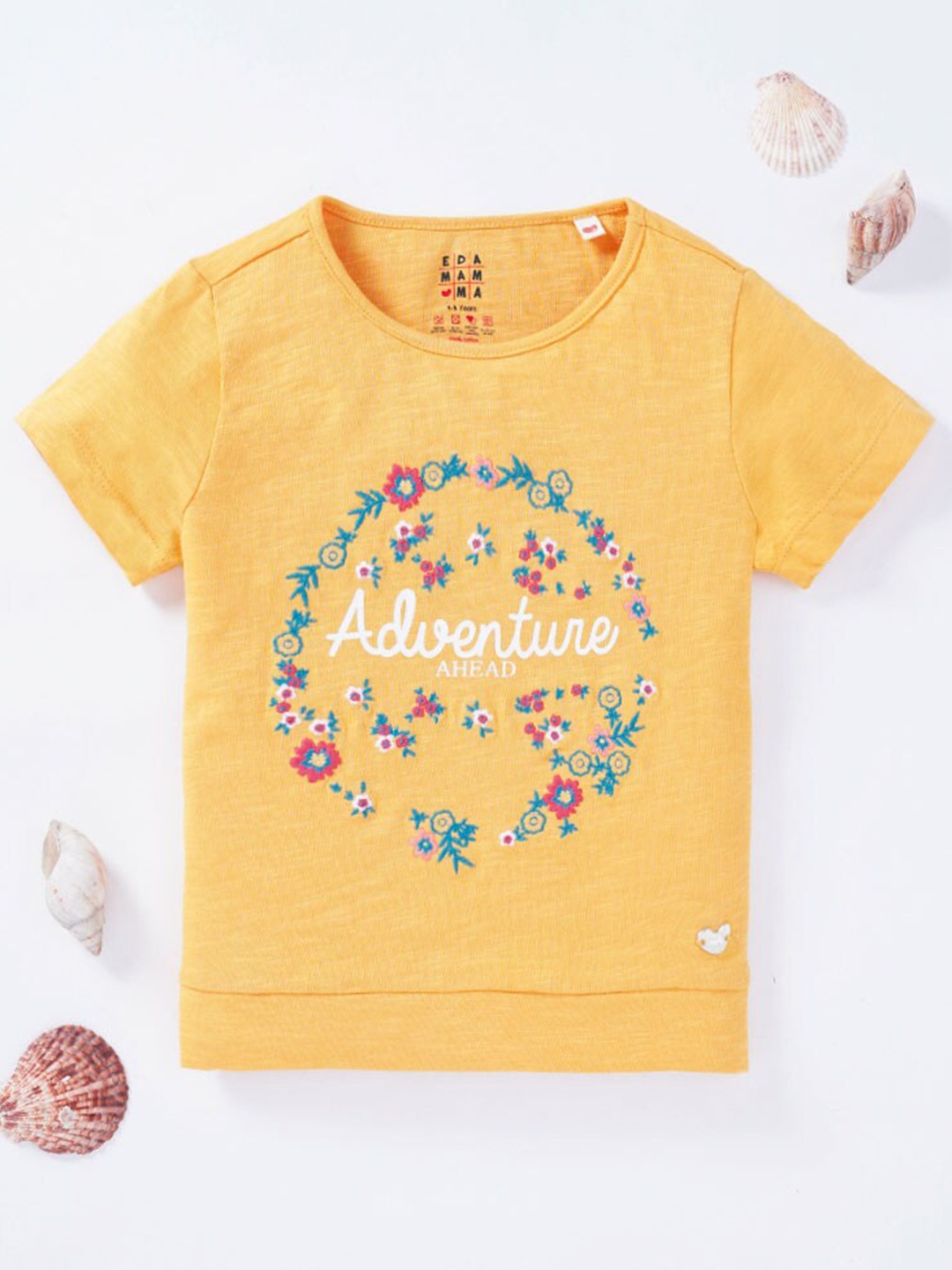 

Ed-a-Mamma Girls Mustard Yellow Floral Printed Cotton T-shirt