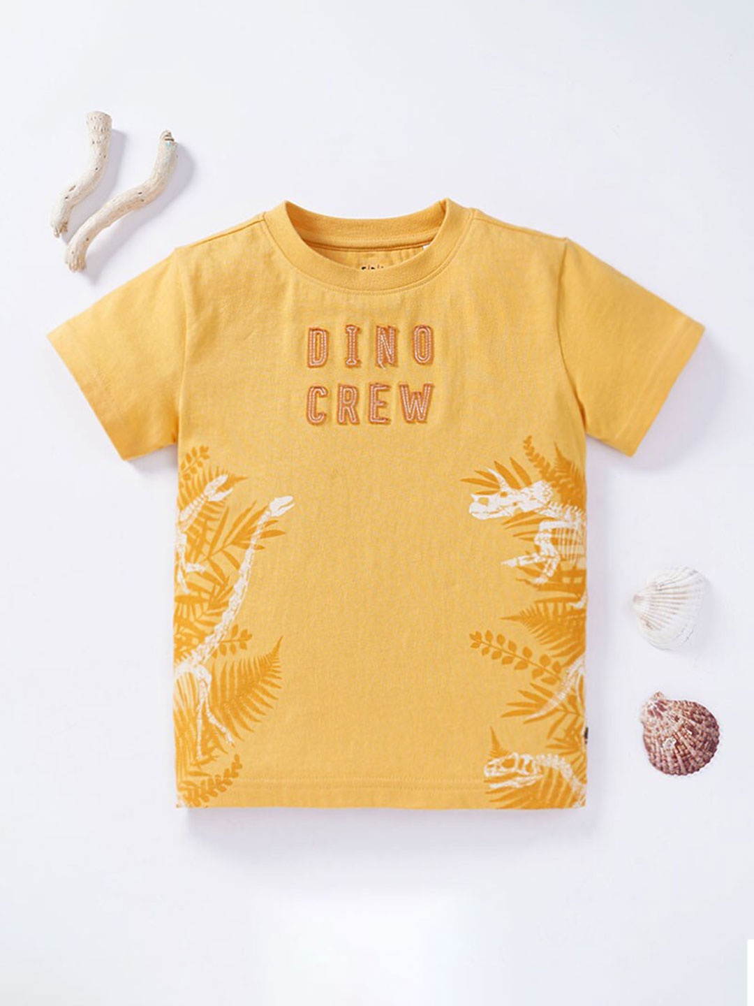 Ed-a-Mamma Boys Mustard Yellow Printed Applique Cotton T-shirt