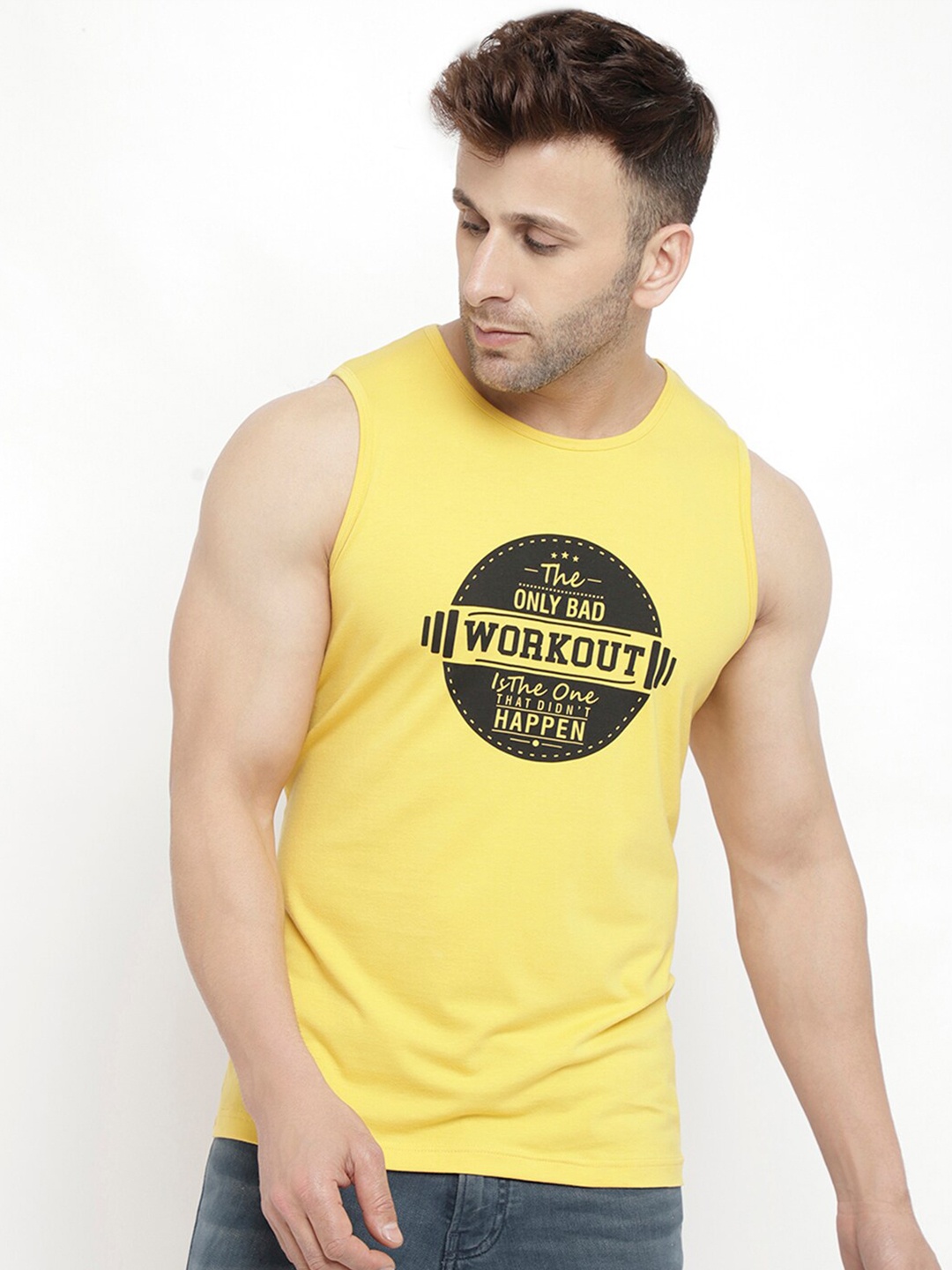 

PERFKT-U Men Yellow Typography Printed Antimicrobial Training or Gym Cotton T-shirt
