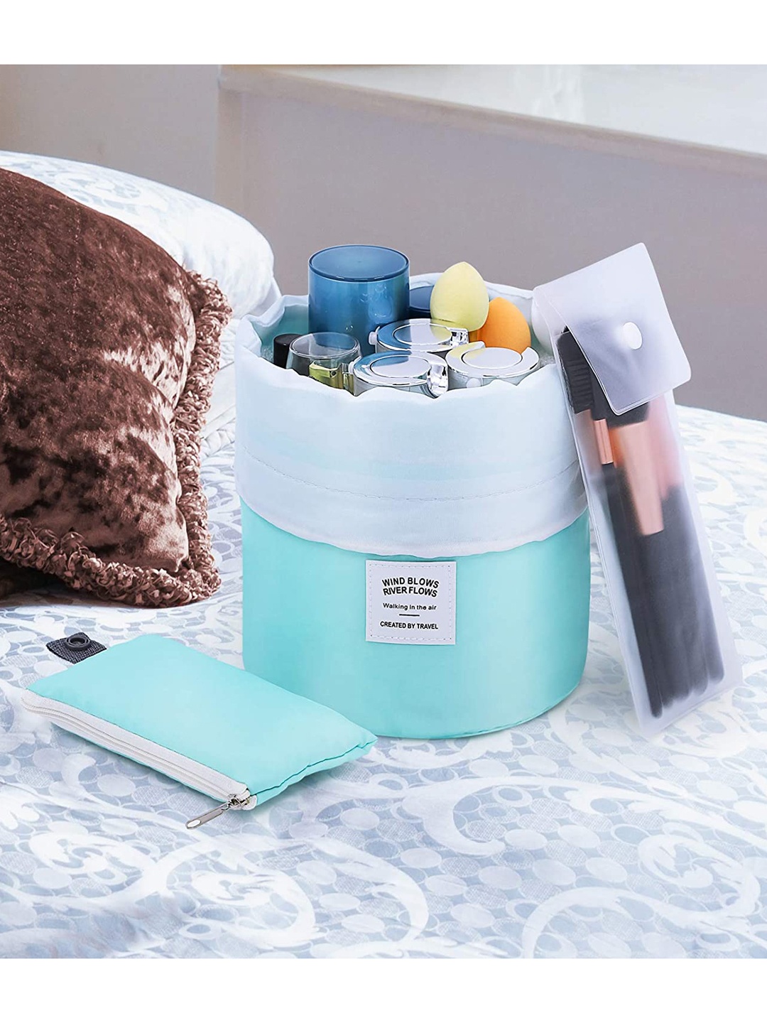 

Awestuffs Blue Barrel Shaped Travel Cosmetic Bag, Turquoise blue