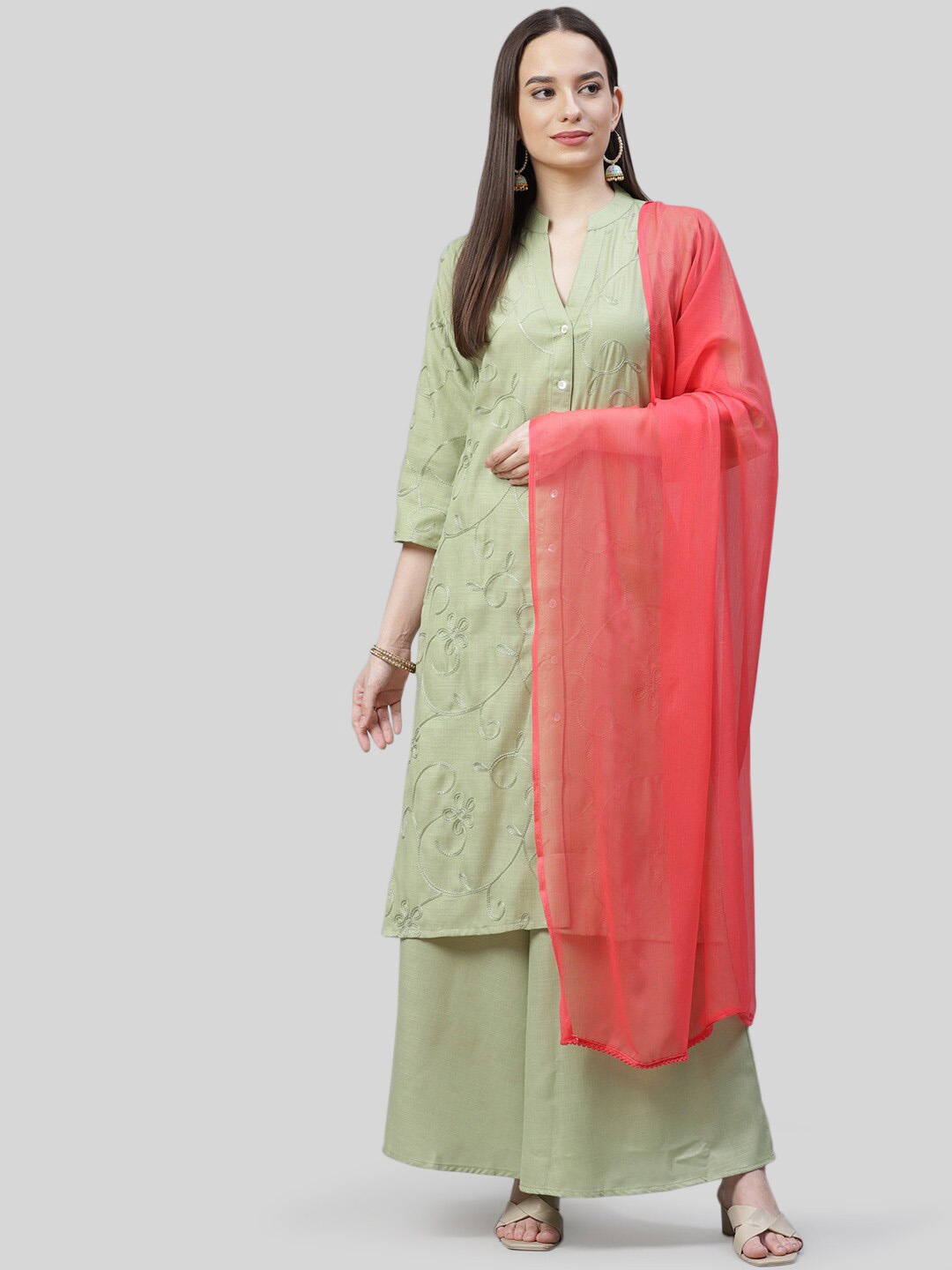 

Jompers Women Green Embroidered Panelled Kurti with Palazzos & With Dupatta