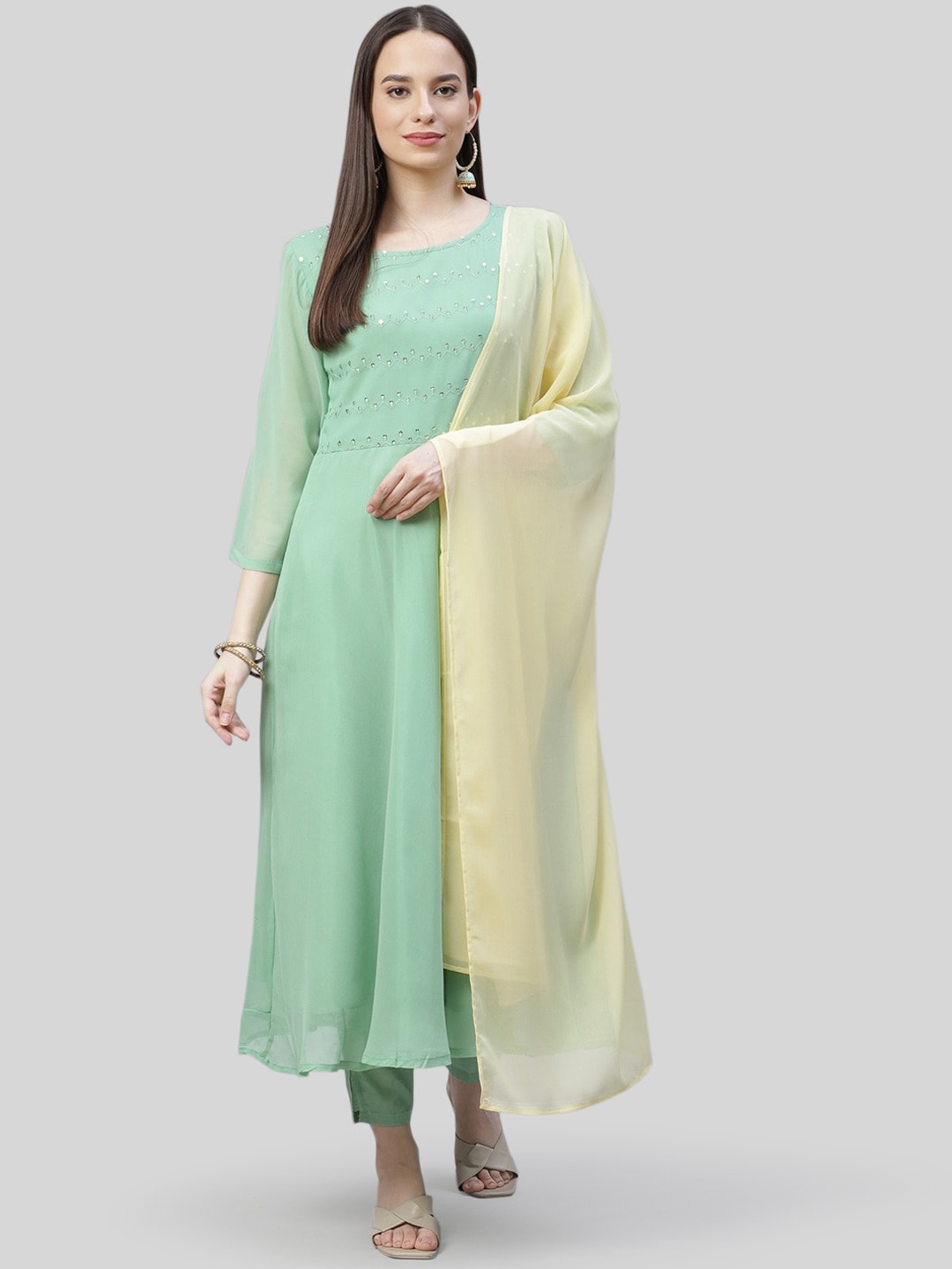 

Jompers Women Green Striped Panelled Kurti with Trousers & With Dupatta