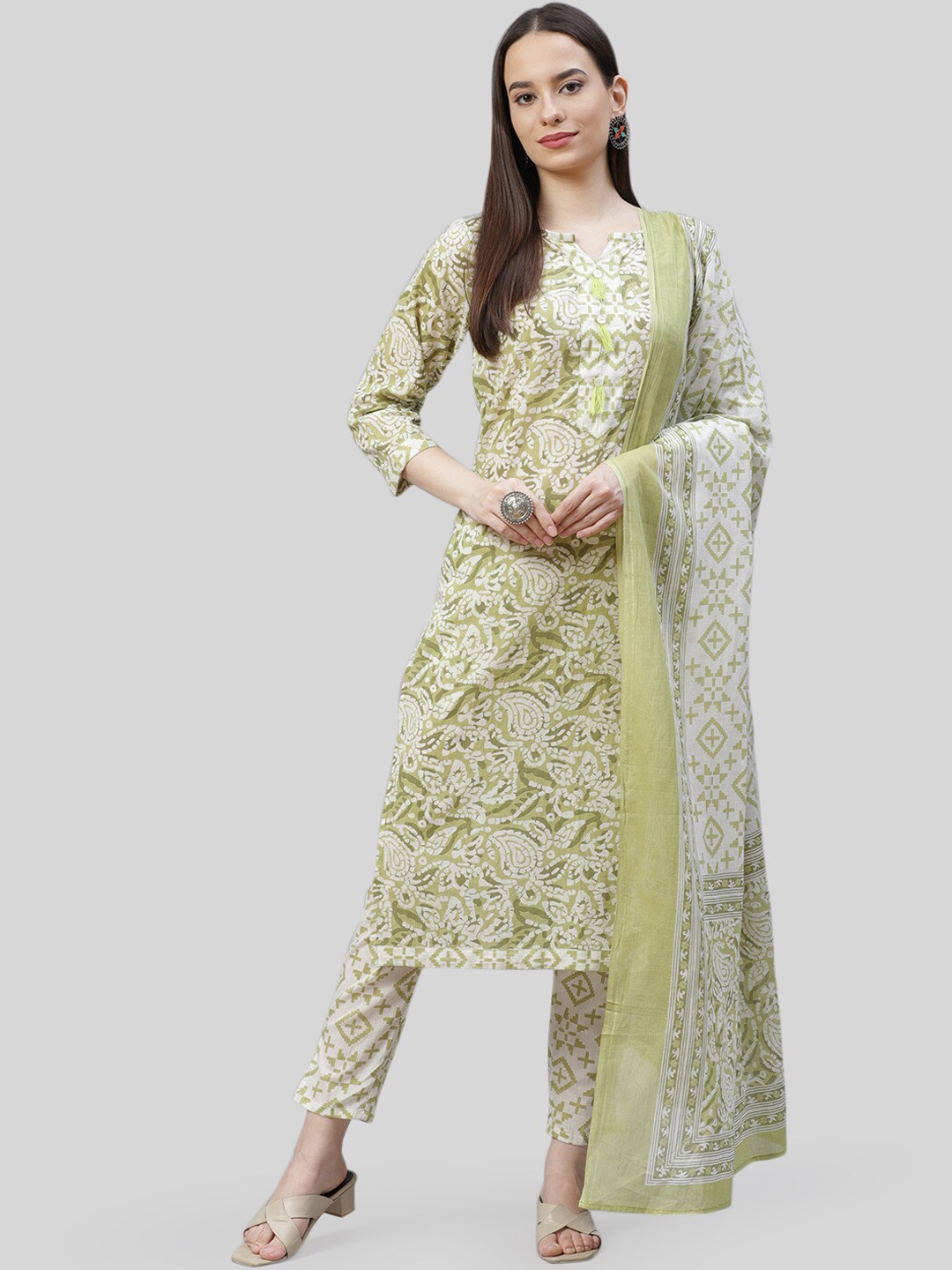 

Jompers Women Green Striped Panelled Pure Cotton Kurta with Trousers & With Dupatta