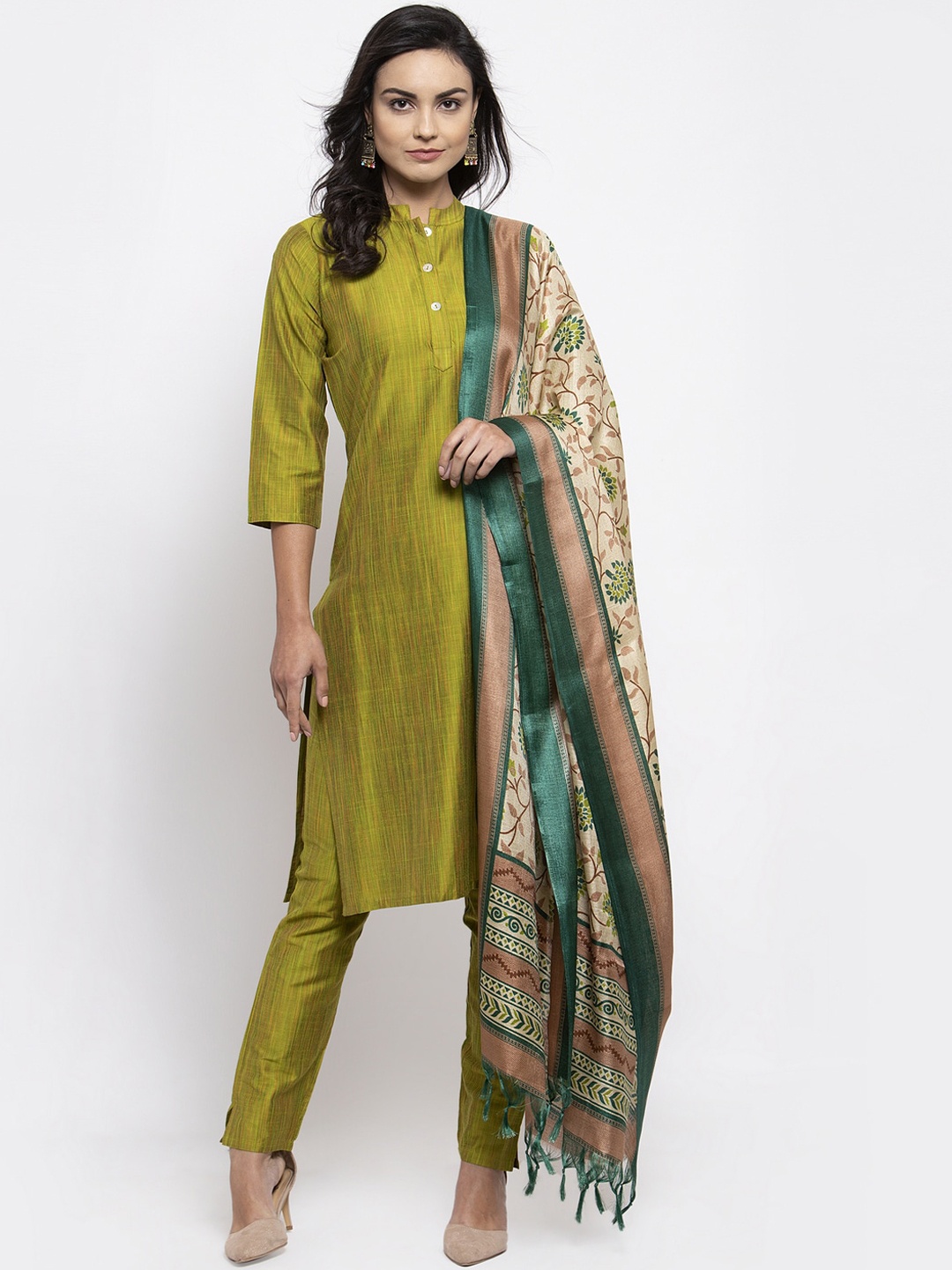 

Jompers Women Green Panelled Kurti with Trousers & With Dupatta