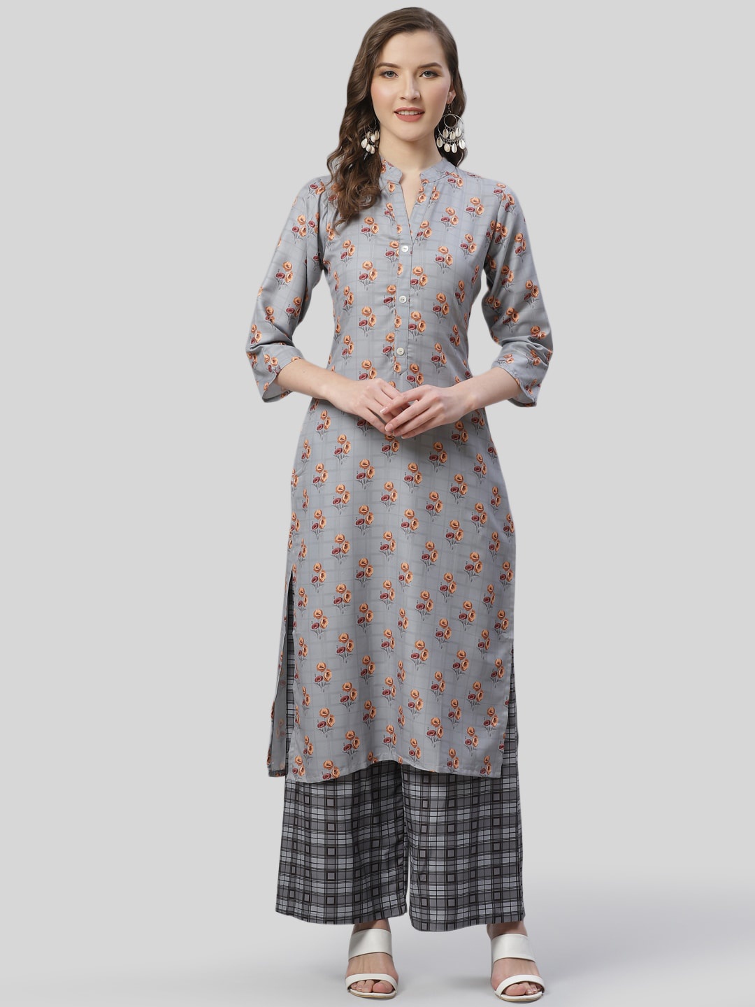 

Jompers Women Grey Floral Panelled Kurti with Palazzos