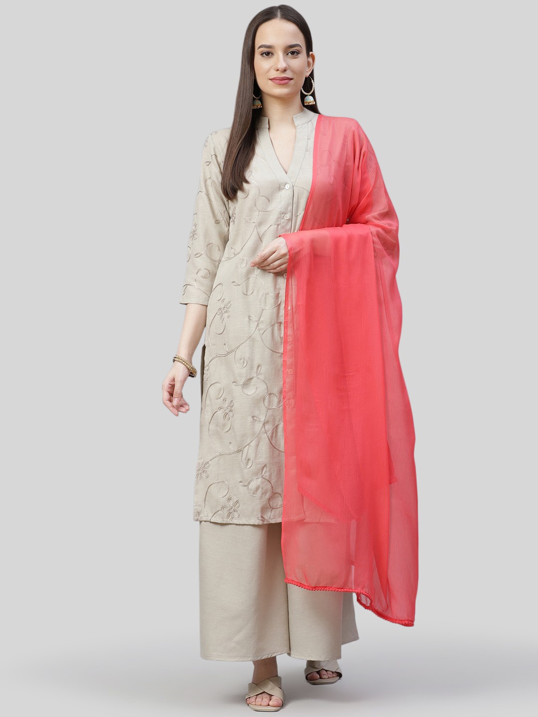 

Jompers Women Grey Floral Embroidered Kurta with Trousers & With Dupatta