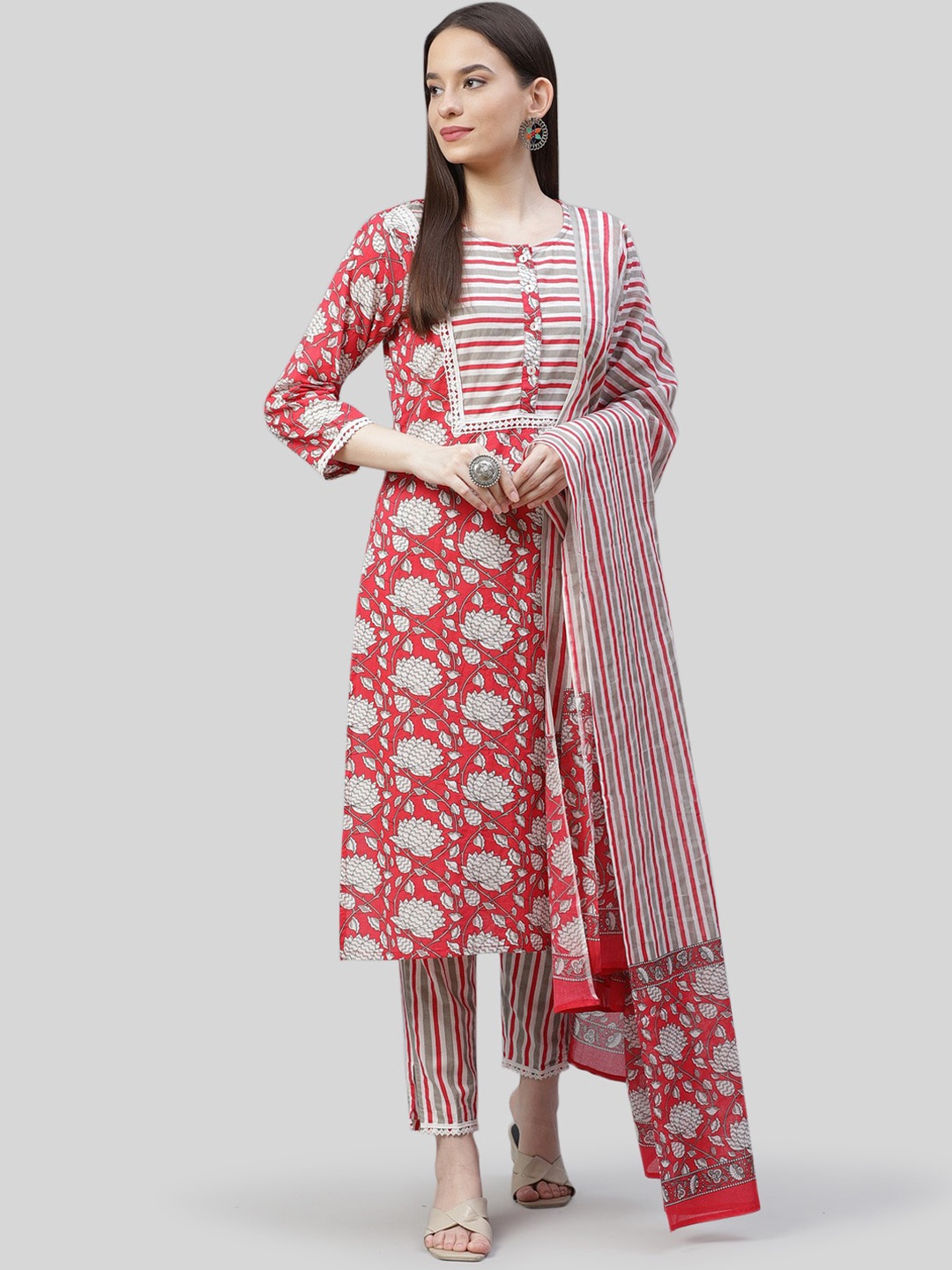 

Jompers Women Red Striped Empire Pure Cotton Kurti with Trousers & With Dupatta