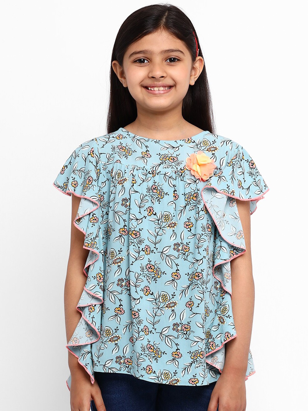 

Nauti Nati Teal Floral Print Ruffles Crepe Top