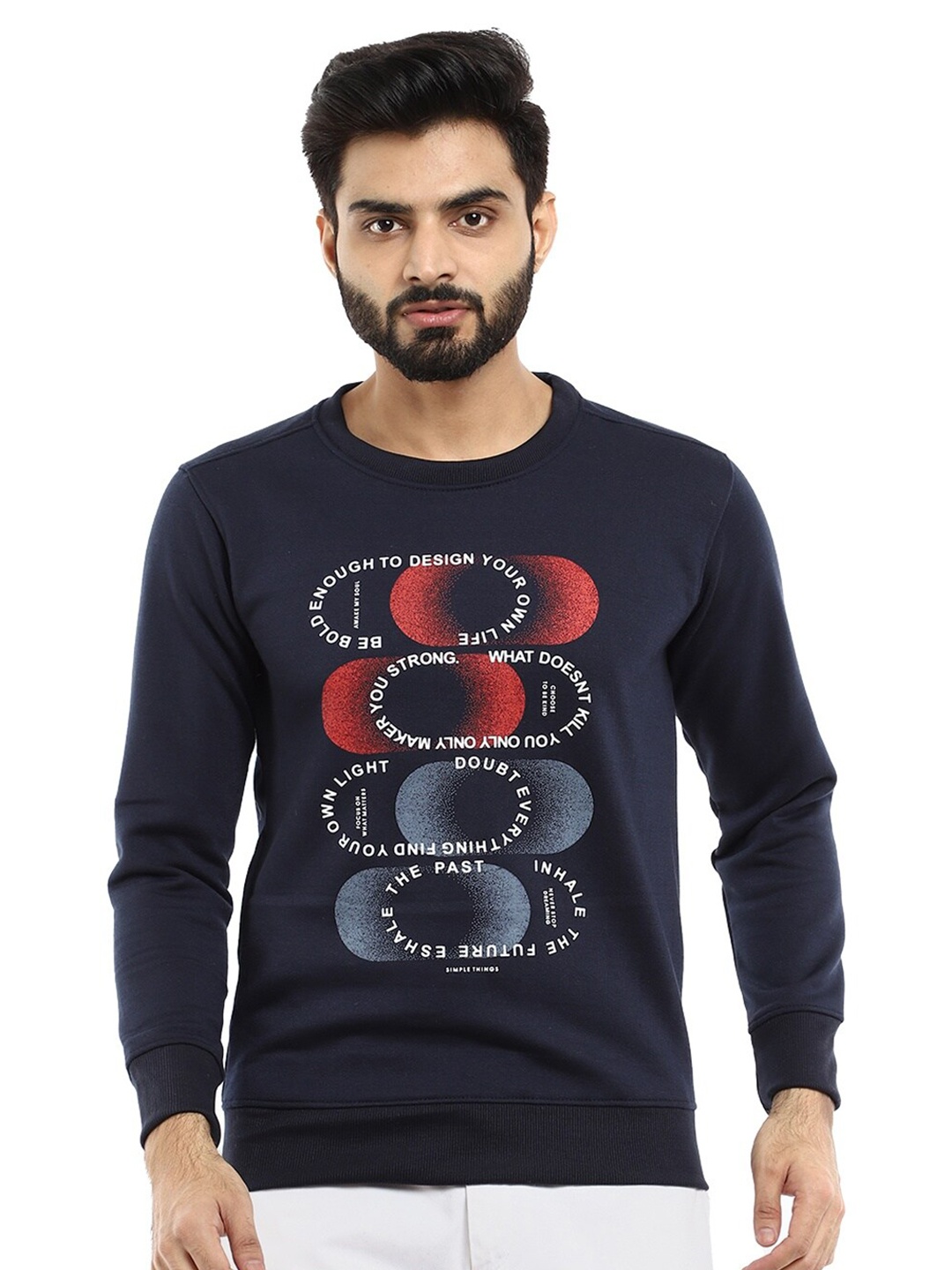 

V-Mart Men Navy Blue Printed Fleece Cotton Sweatshirt