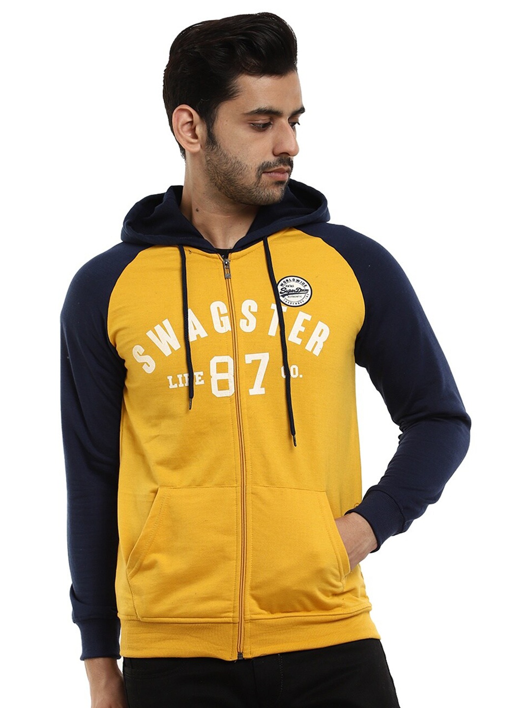 

V-Mart Men Mustard Yellow & Navy Blue Alphanumeric Printed Fleece Hooded Sweatshirt