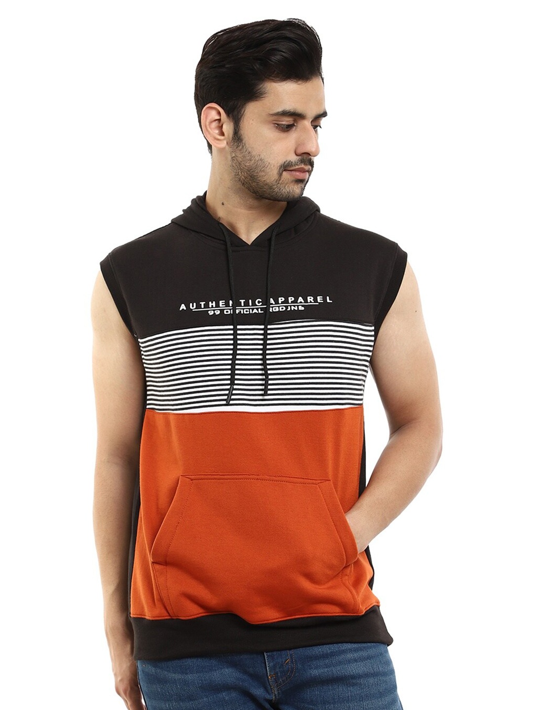 

V-Mart Men Black Striped Hooded Sweatshirt