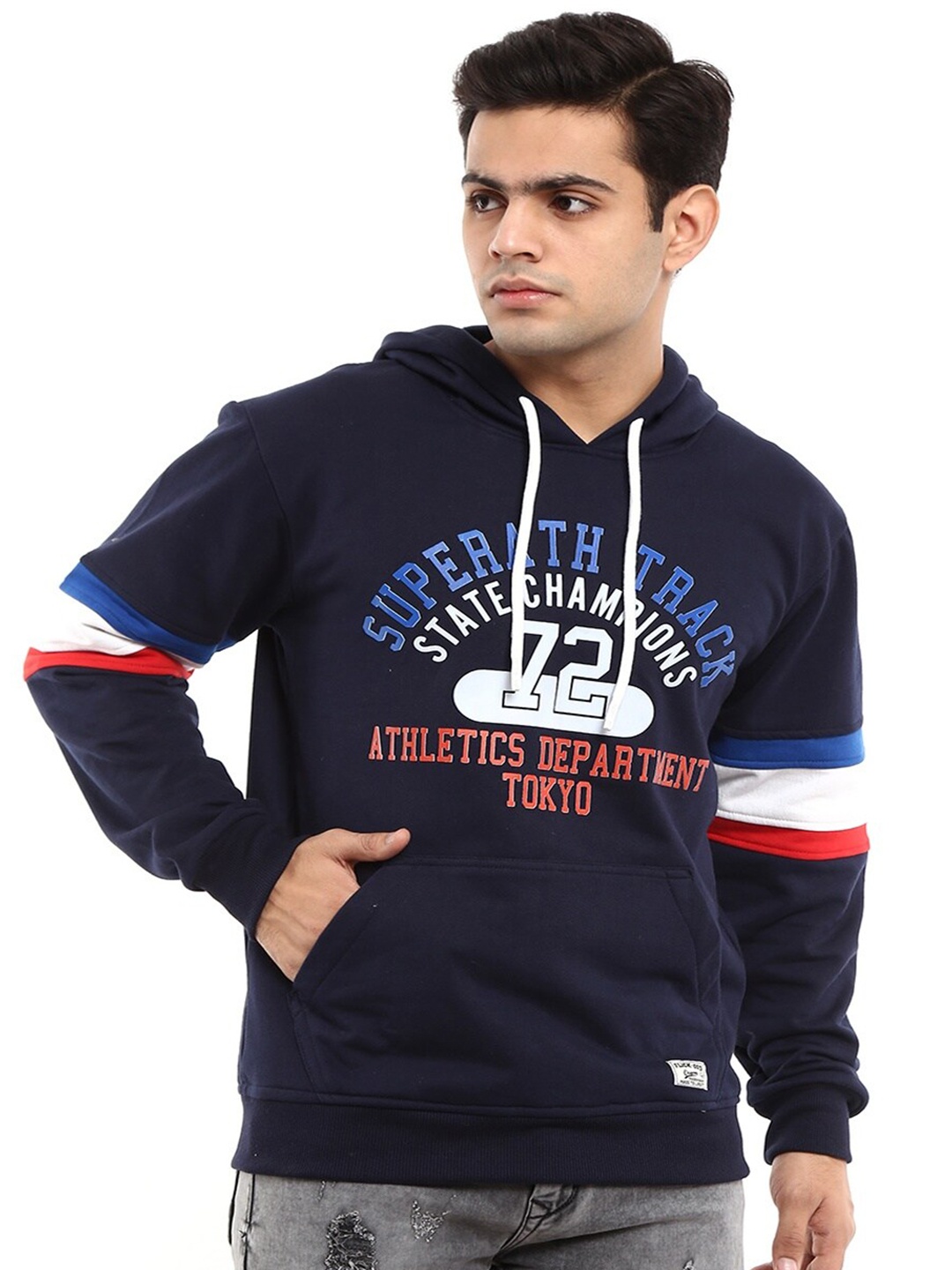 

V-Mart Men Navy Blue & White Printed Hooded Sweatshirt