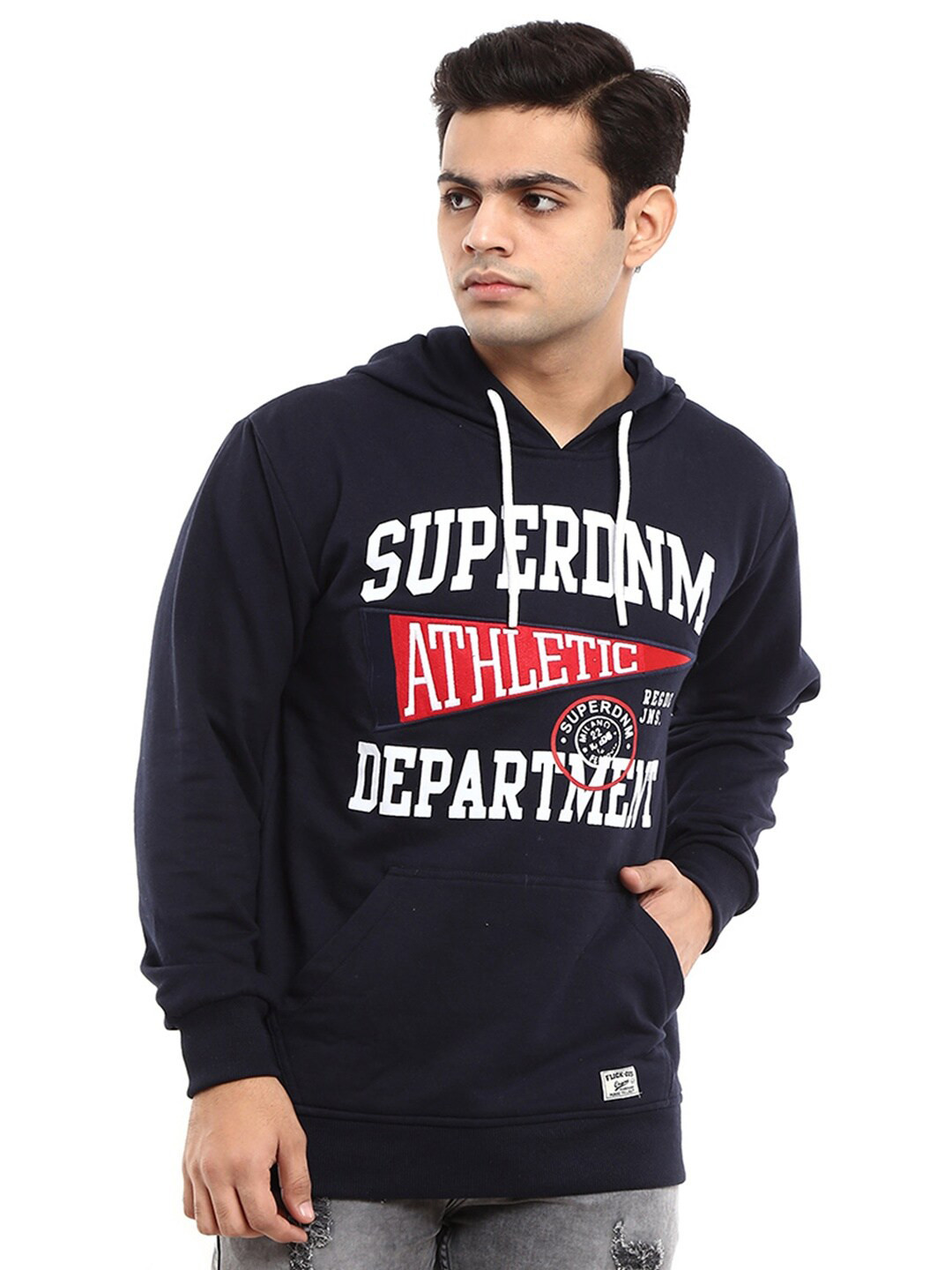 

V-Mart Men Navy Blue Printed Hooded Neck Sweatshirt