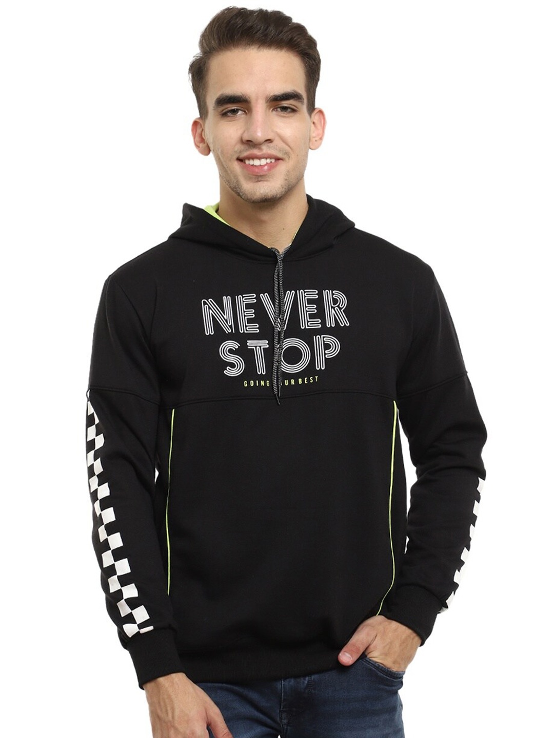 

V-Mart Men Black Printed Fleece Cotton Hooded Sweatshirt