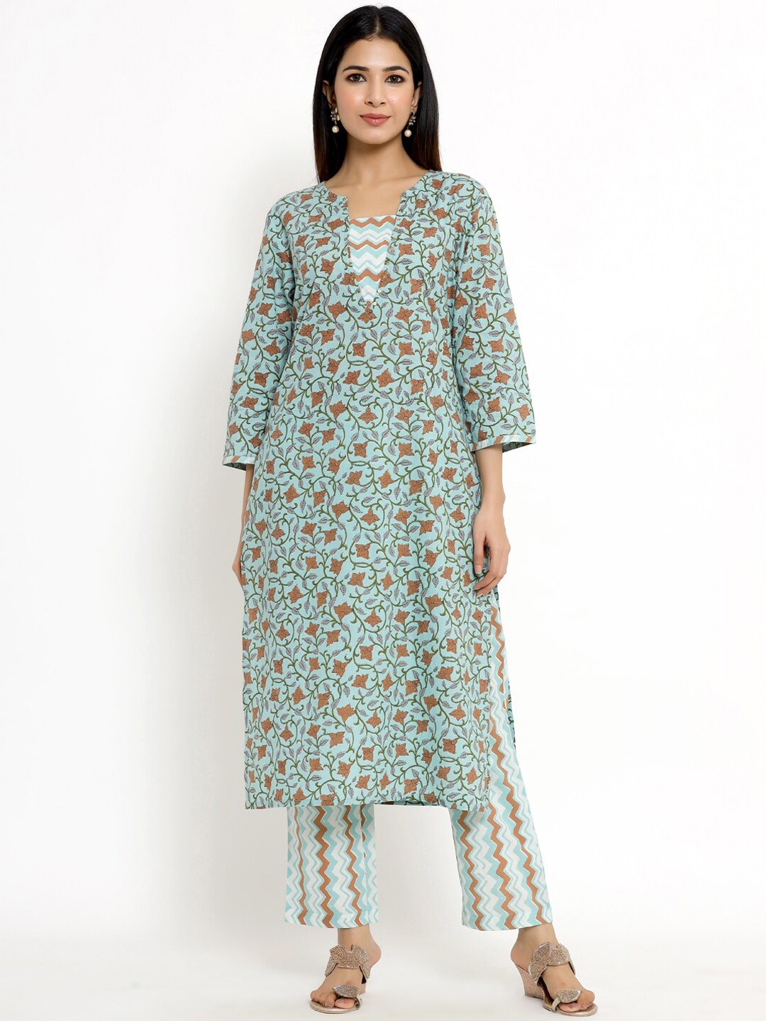 

The Kurta Express Women Blue Floral Printed Pure Cotton Kurta with Trousers & With Dupatta