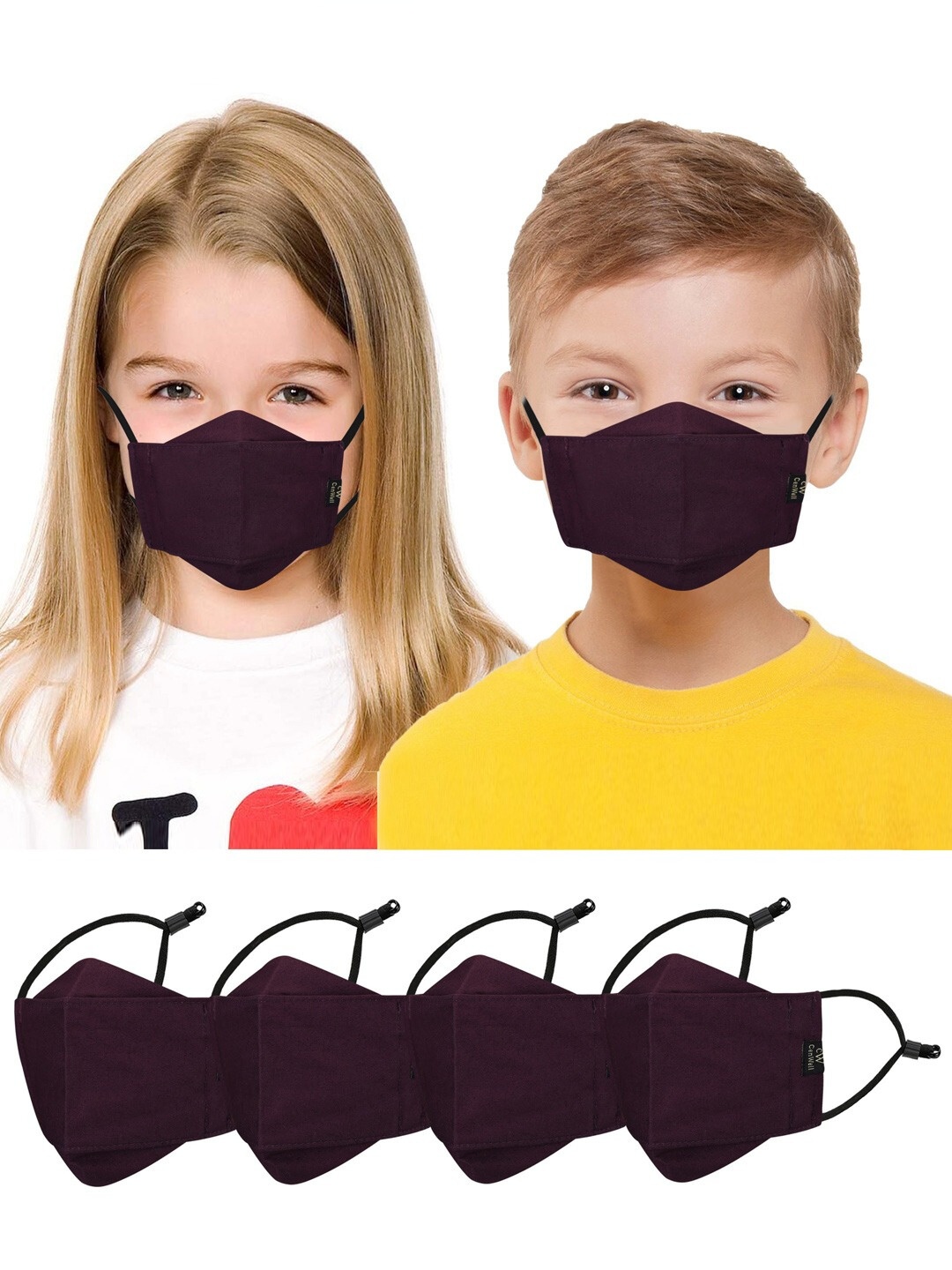 

CENWELL Kids Pack Of 4 Maroon Solid 6-Ply Reusable Pure Cotton 3D Cloth Face Masks