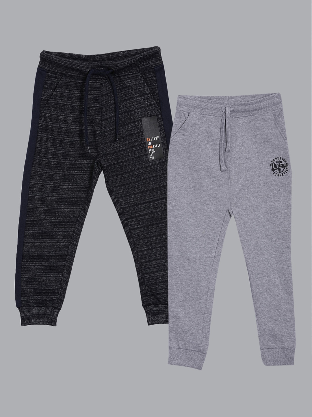 

3PIN Boys Pack Of 2 Grey & Black Solid Cotton Joggers