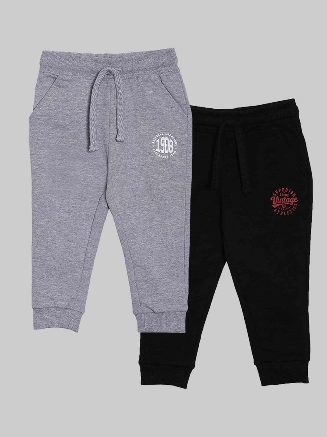 

3PIN Boys Pack Of 2 Grey & Black Regular Fit Solid Cotton Joggers