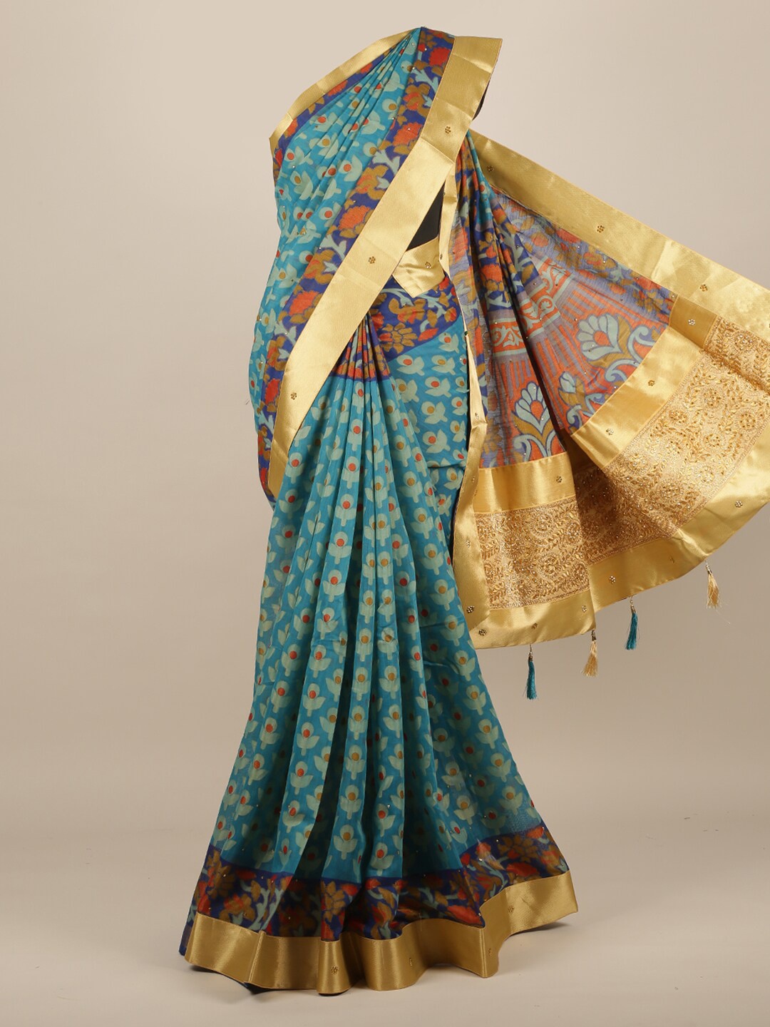 

Pothys Blue & Orange Floral Beads and Stones Jute Silk Saree