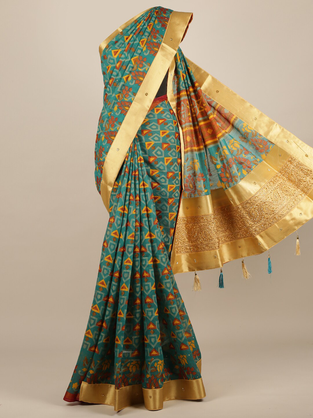

Pothys Green & Orange Printed Jute Silk Saree