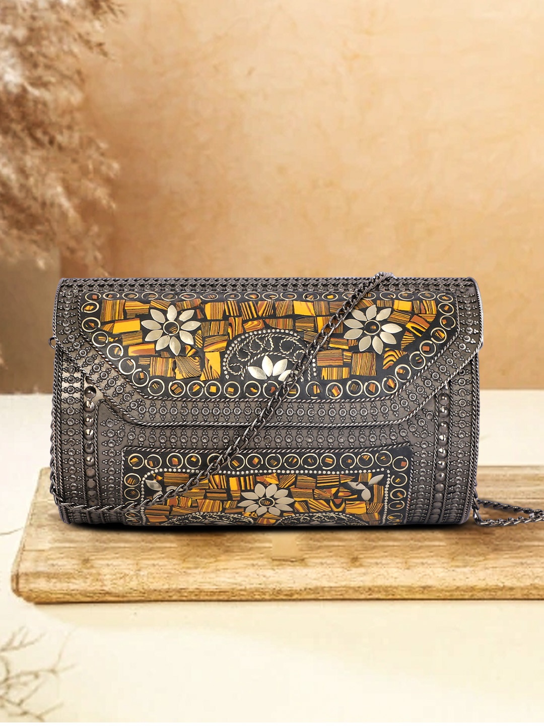 

ARTFLYCK Grey & Yellow Embellished Box Clutch