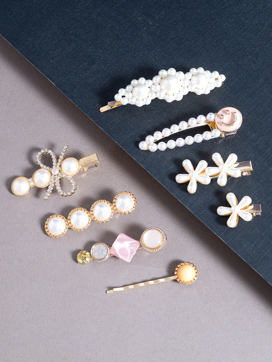 

Golden Peacock Women Set of 8 White & Pink Embellished Hair Accessory Set
