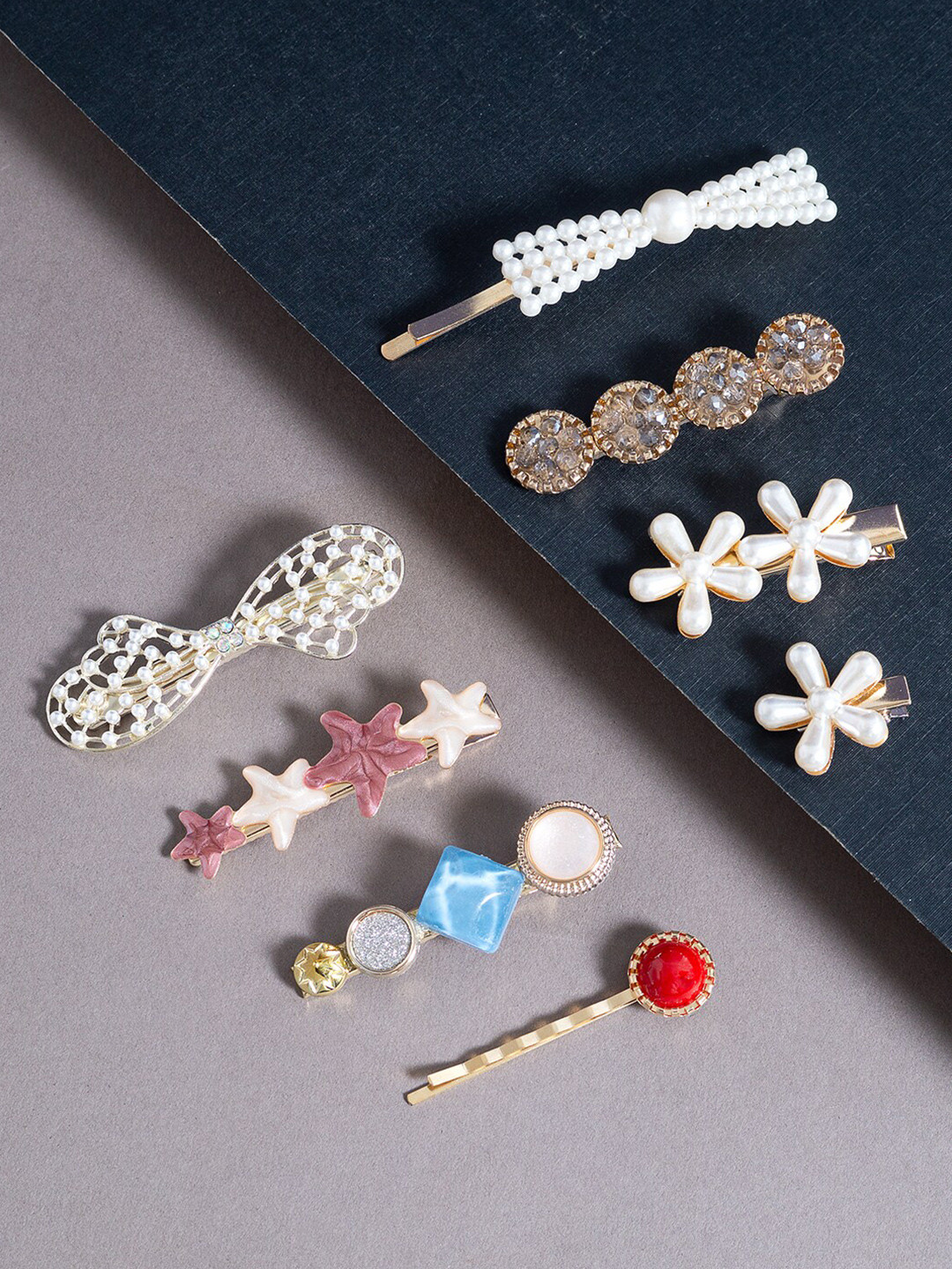 

Golden Peacock Women Gold-Toned & White Set of 8 Embellished Hair Accessory Set