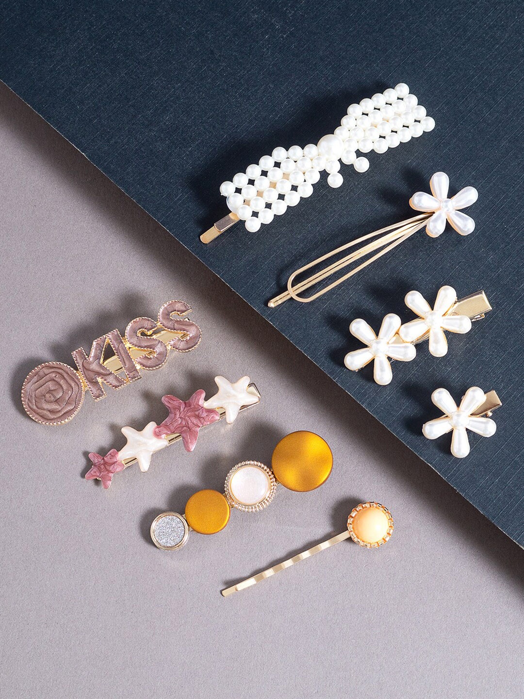 

Golden Peacock Women Set Of 8 White & Yellow Embellished Hair Accessory Set