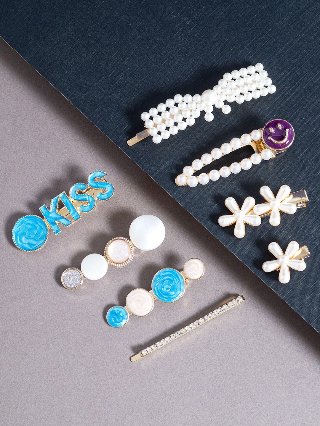 

Golden Peacock Women Gold-Toned & Blue Pack Of 8 Embellished Hair Accessory Set of