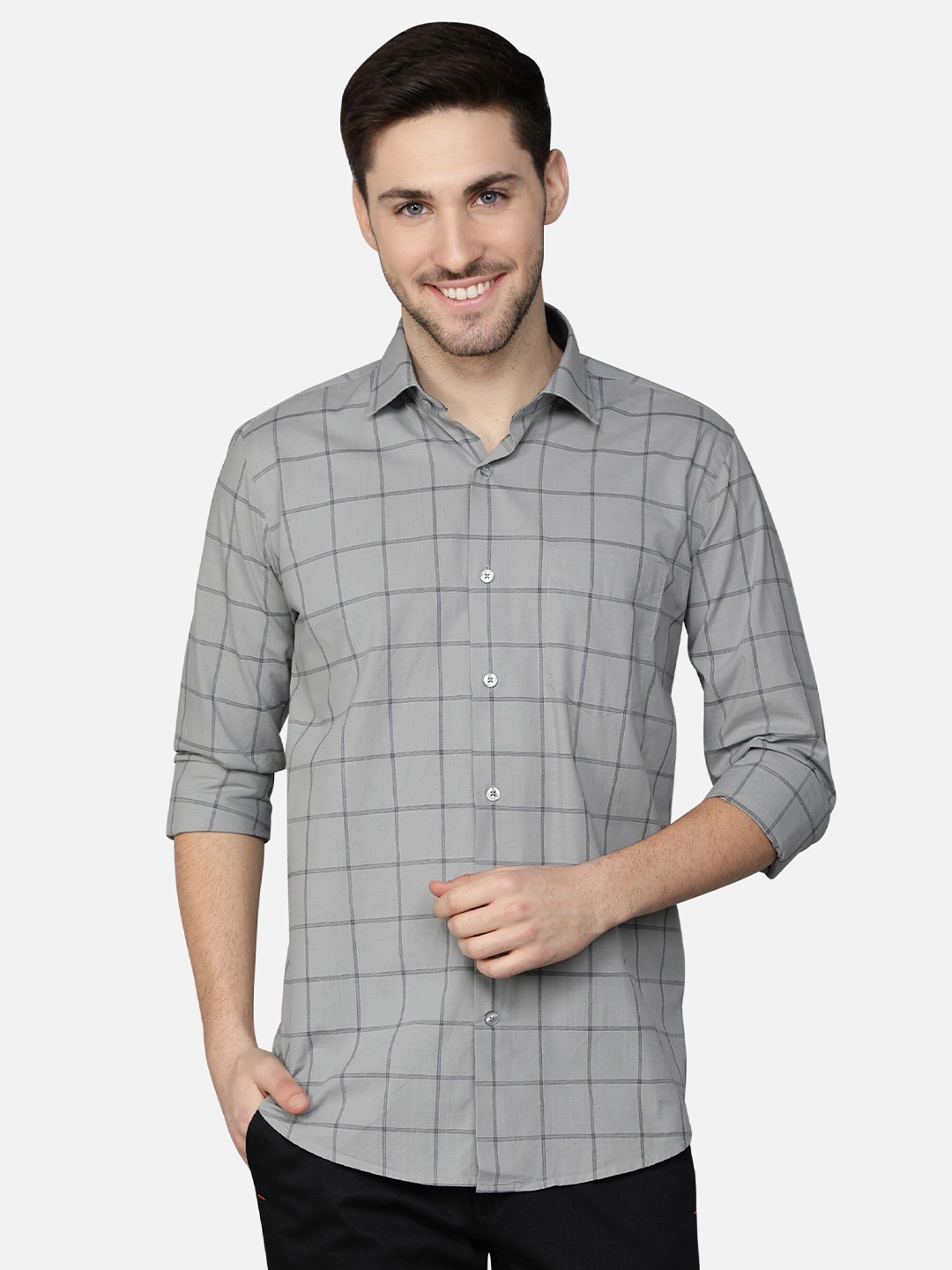 

Callino London Men Grey Standard Windowpane Checked Cotton Semiformal Shirt