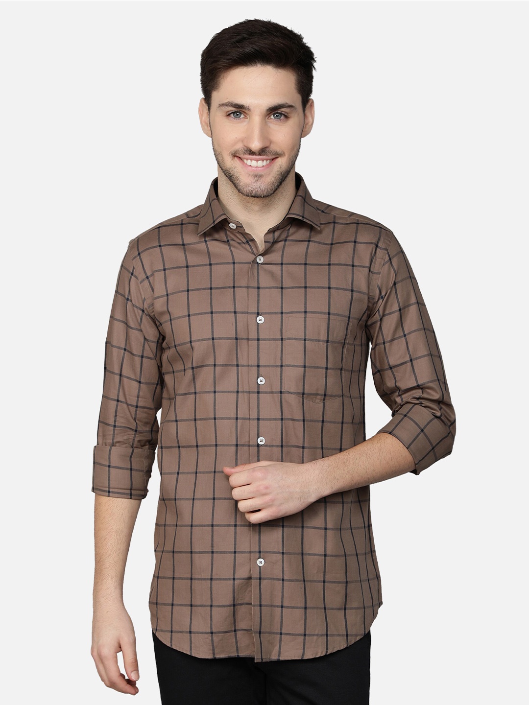 

Callino London Men Camel Brown Standard Windowpane Checked Semiformal Shirt