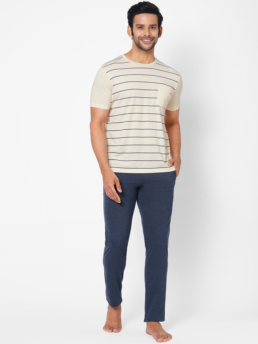 

Sweet Dreams Men Navy Blue & White Striped Pure Cotton Night suit