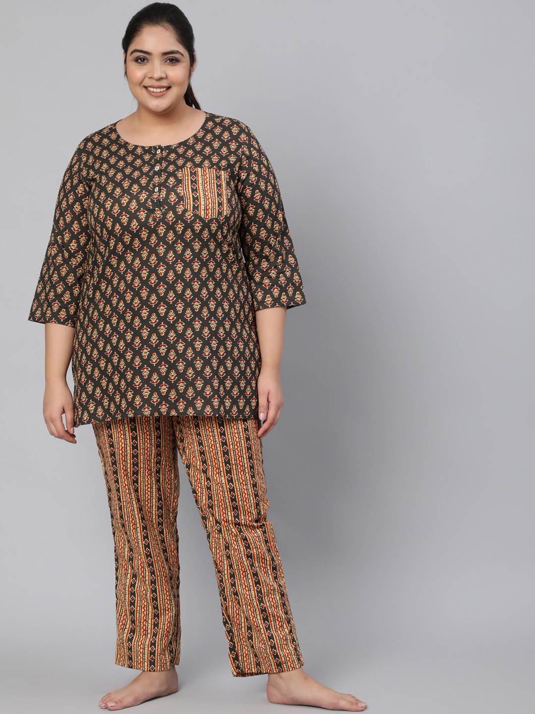 

Jaipur Kurti Women Plus Size Olive Green & Black Printed Pure Cotton Night suit