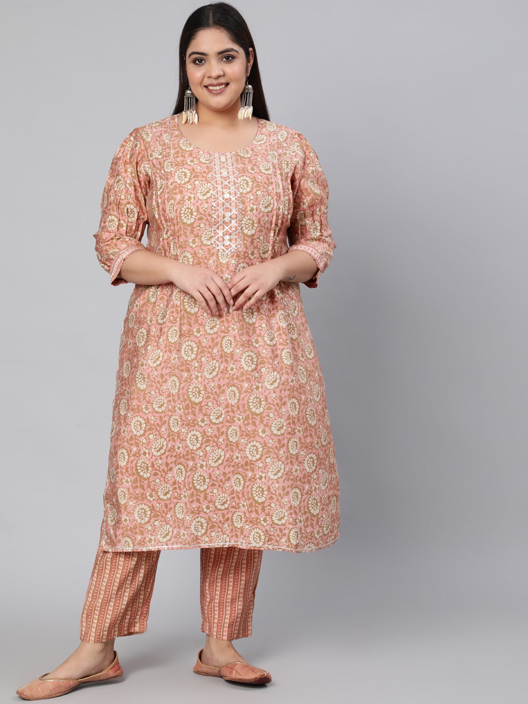 

Jaipur Kurti Women Peach-Coloured Floral Printed Chanderi Cotton Kurta with Trousers