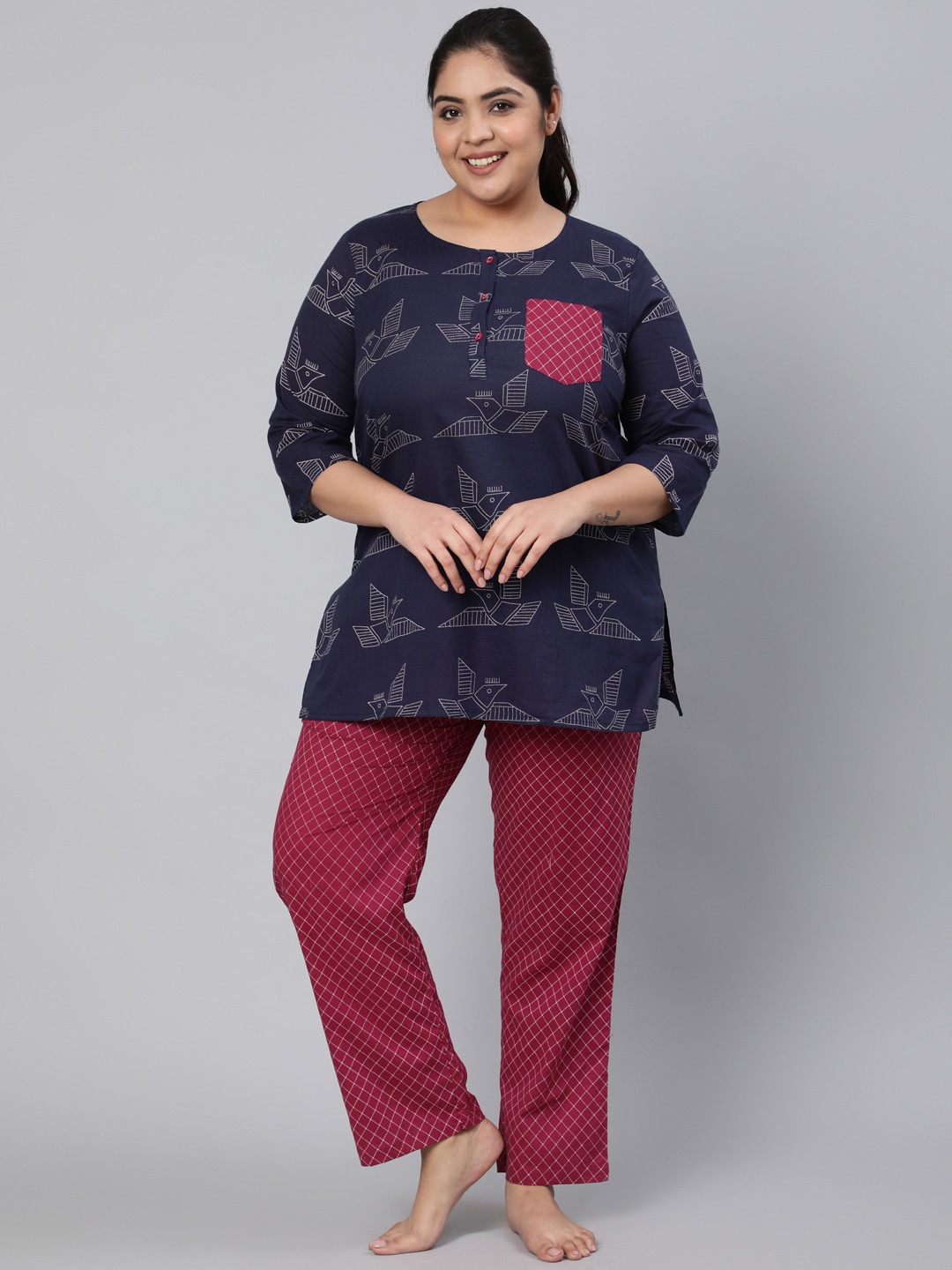 

Jaipur Kurti Women Plus Size Navy Blue & Purple Printed Pure Cotton Night suit