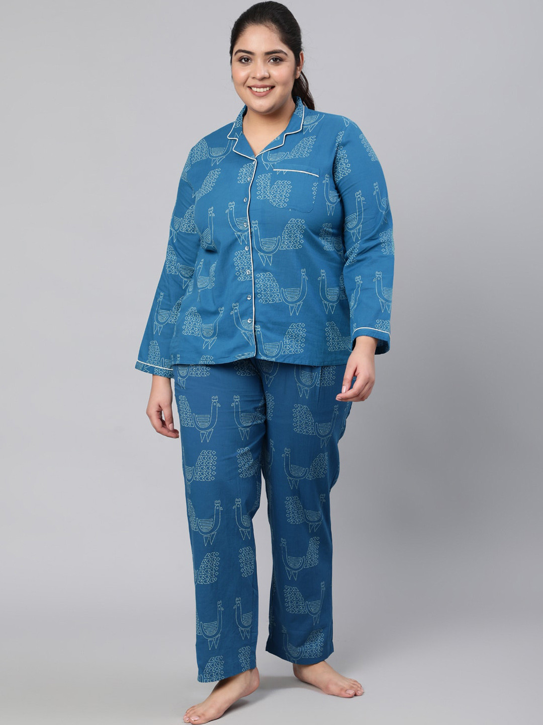 

Jaipur Kurti Plus Size Women Teal Graphic Printed Cotton Night suit