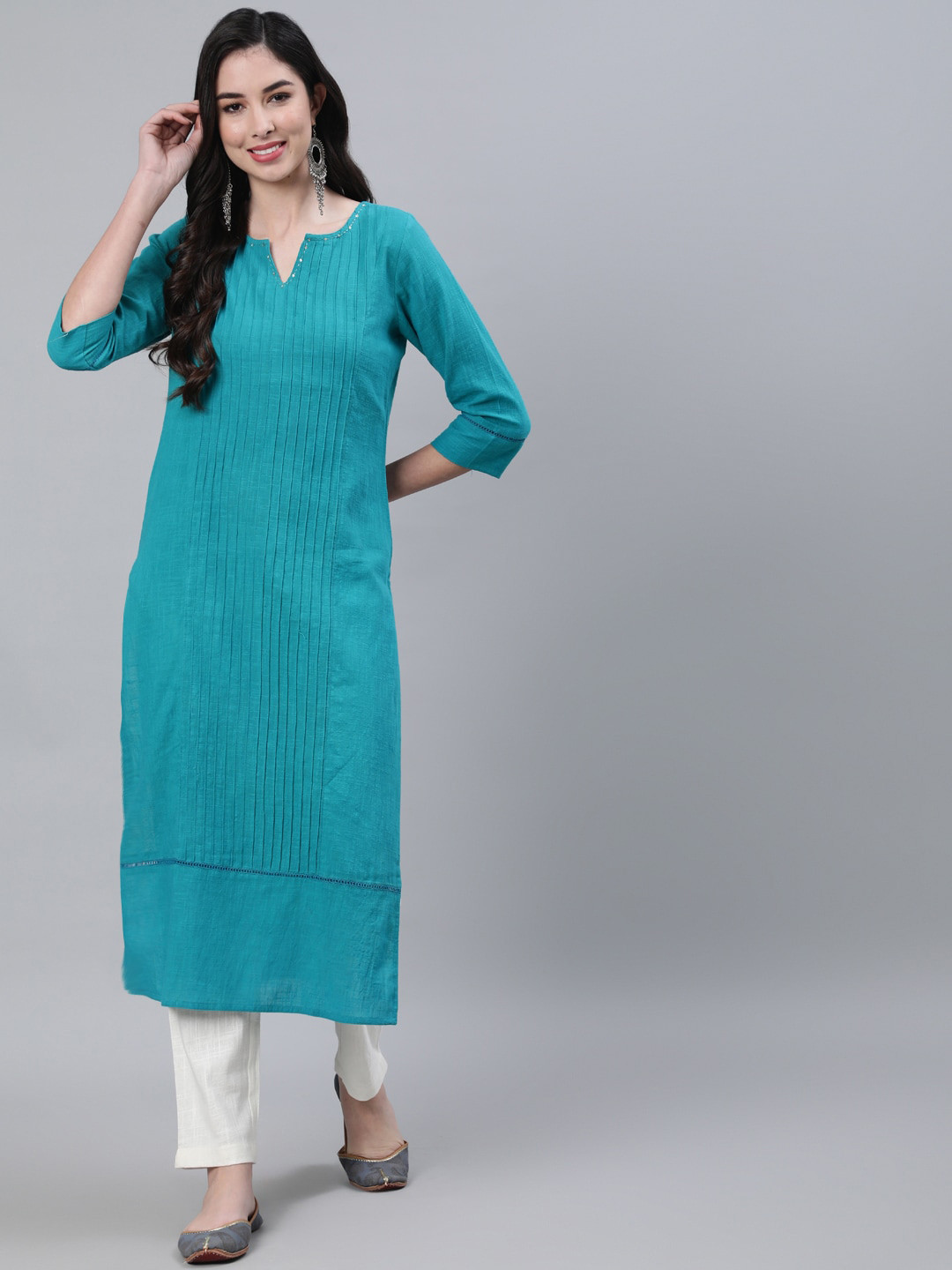 

Jaipur Kurti Women Teal Blue Solid Cotton Kurta