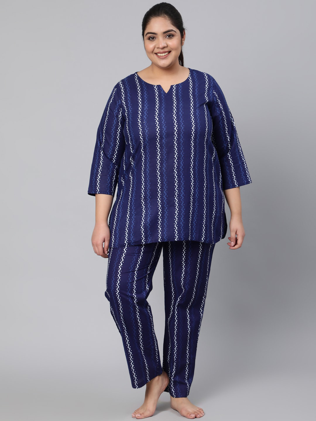 

Jaipur Kurti Women Navy Blue & White Striped Pure Cotton Night suit