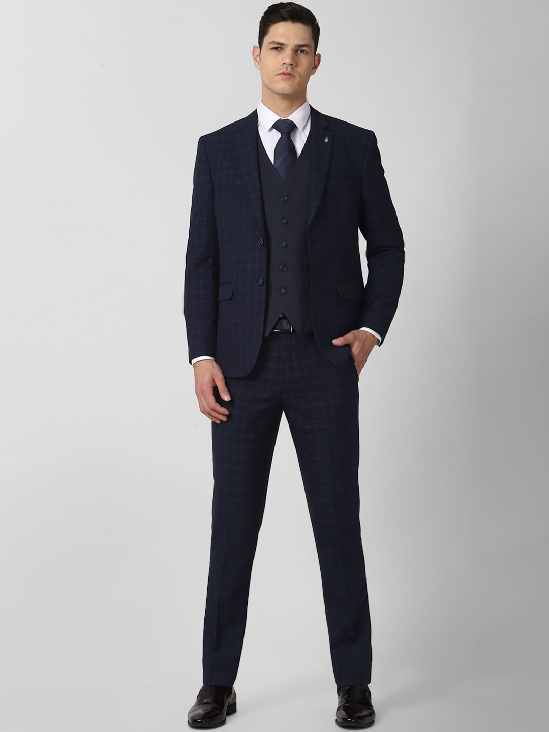 

Van Heusen Men Navy Blue Checked Single-Breasted Slim-Fit Four-Piece Suit