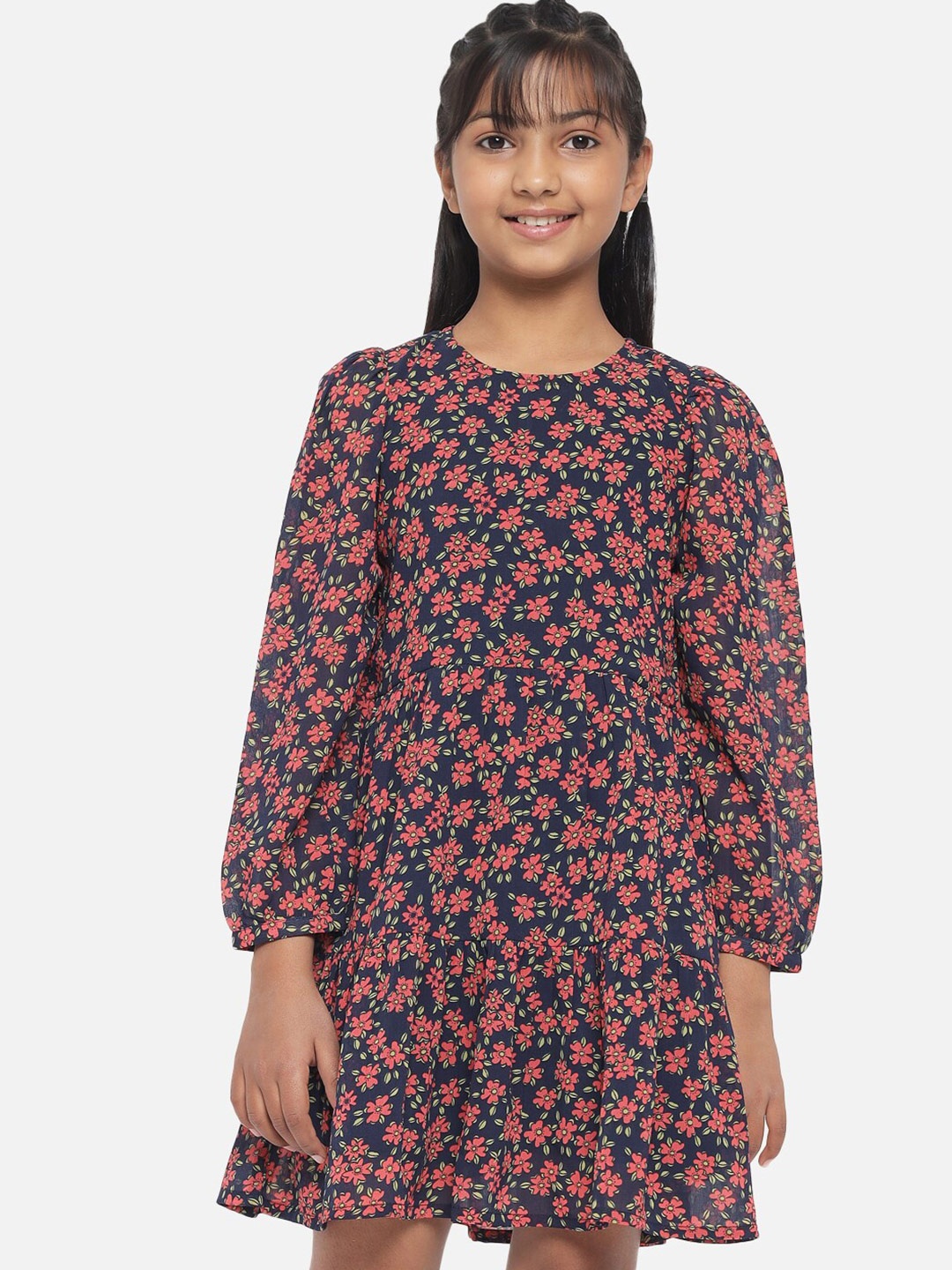 

luyk Blue & Red Floral Georgette A-Line Dress