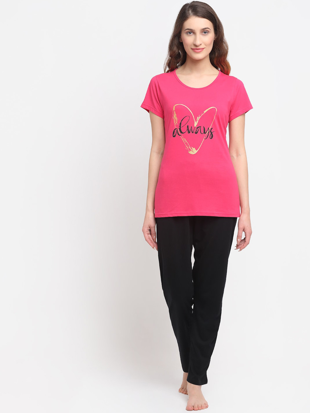 

Kanvin Women Pink & Black Printed Night suit