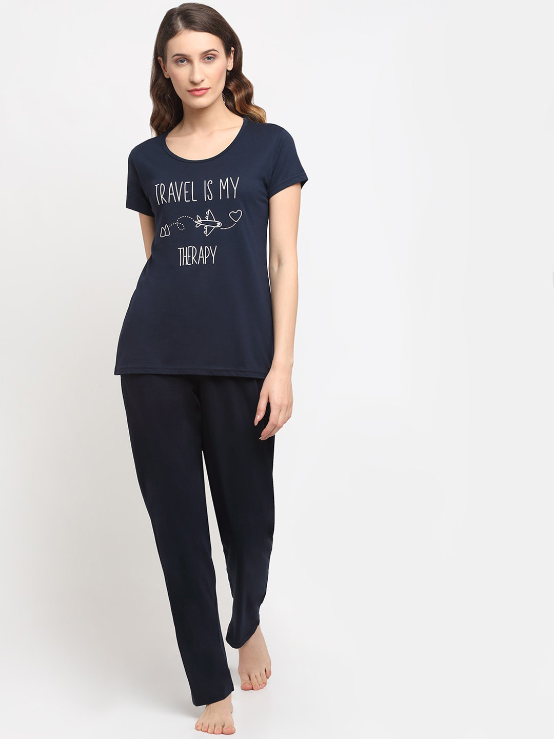 

Kanvin Women Navy Blue Printed Night suit