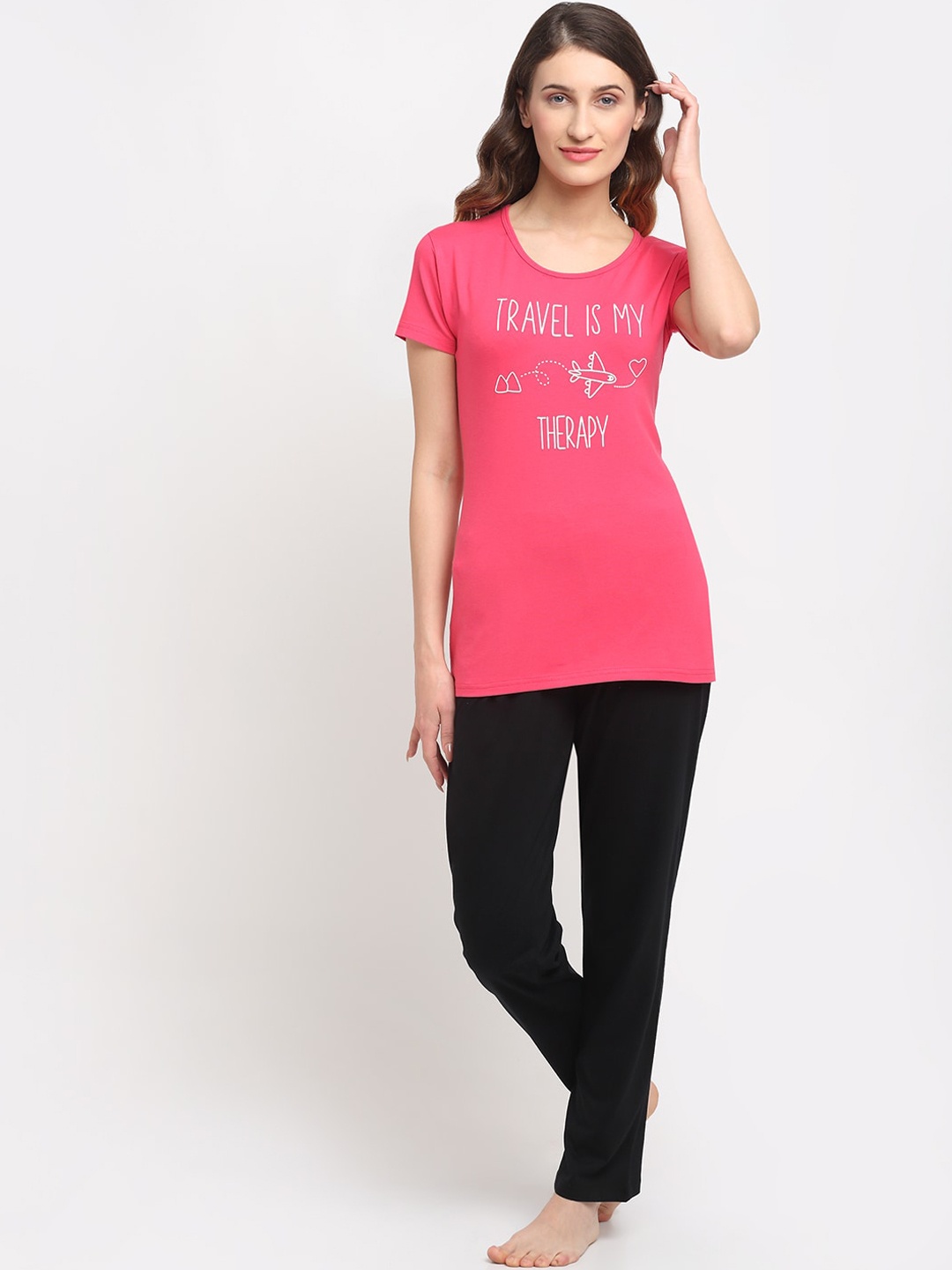 

Kanvin Women Pink & Black Printed Night suit